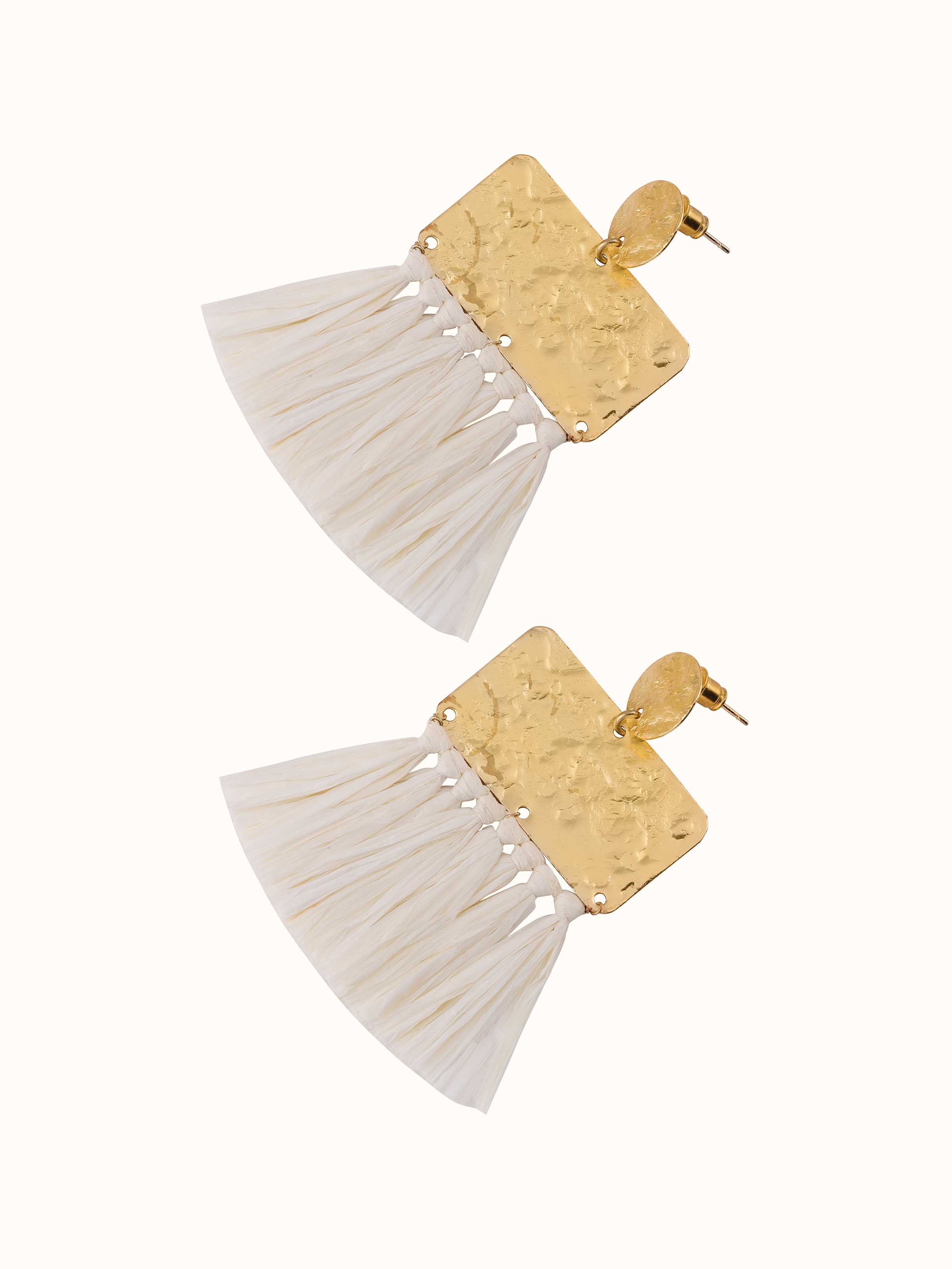 Overhead view of Raffia Fibre Drop Earrings showcasing the full design and fibre detailing.