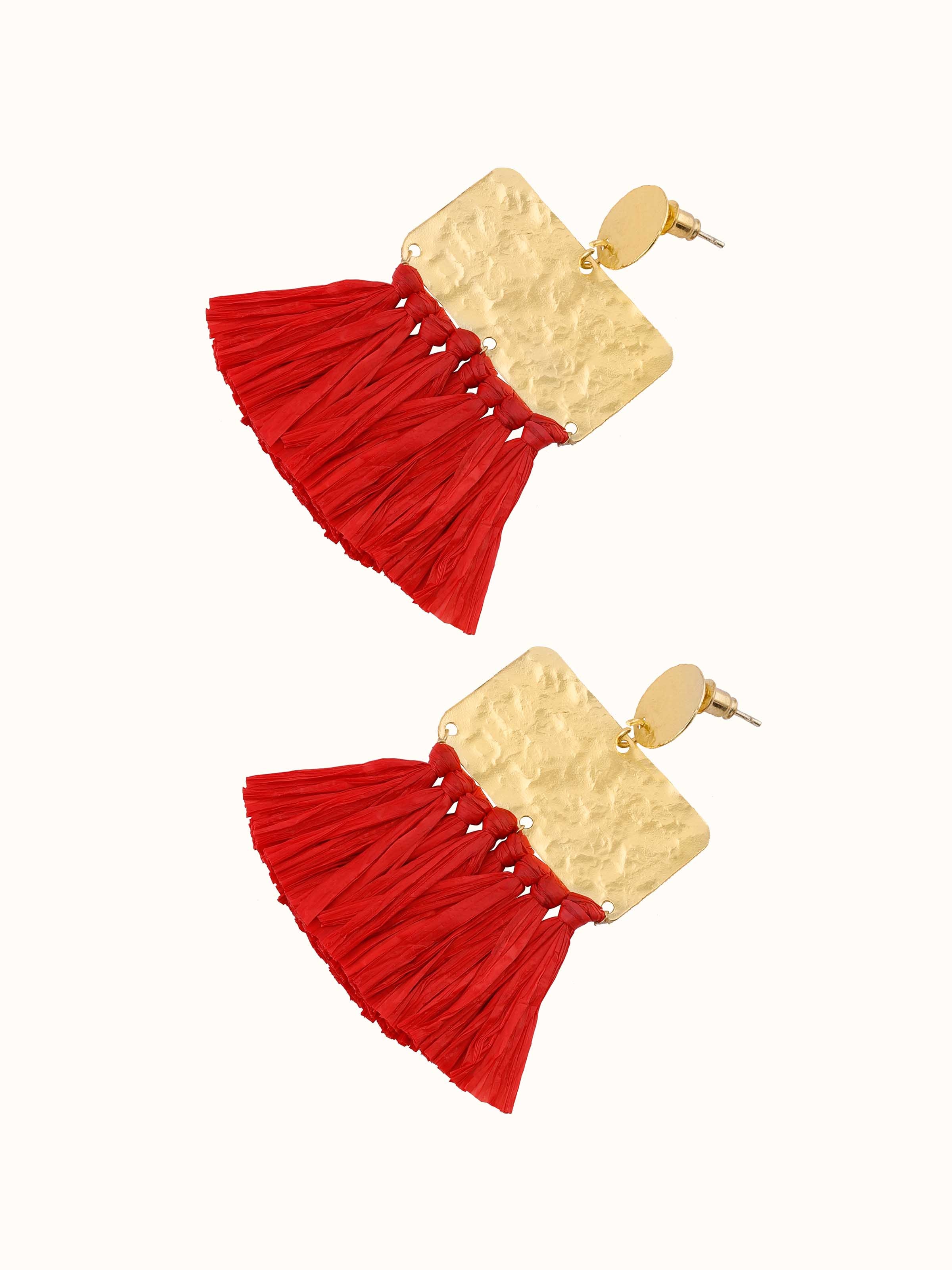 Angled view of Raffia Fibre Drop Earrings showcasing their stylish and unique design.