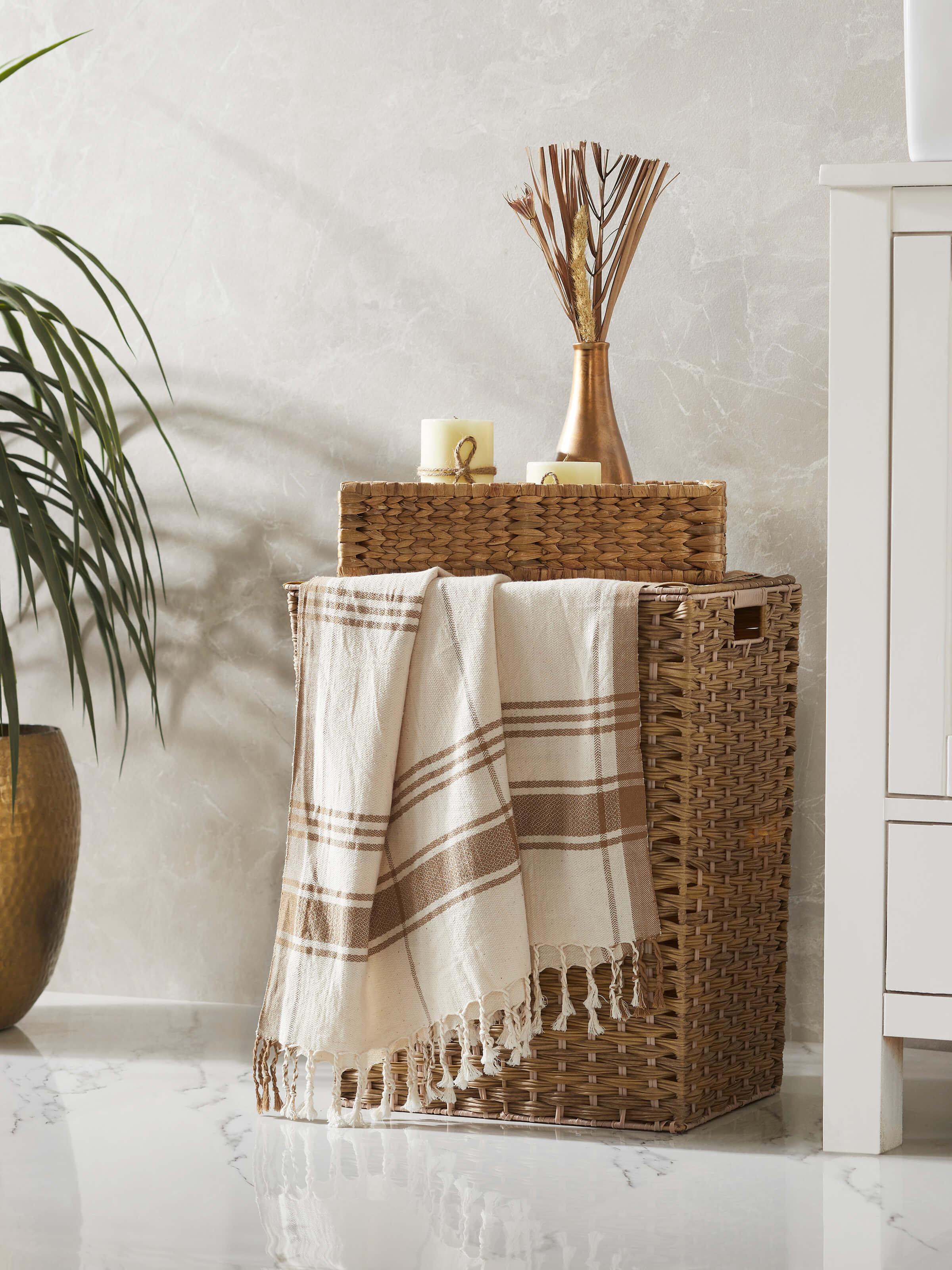 Close-up of Sarvika Brown Checks Cotton Bath Towel (L), highlighting the detailed checkered pattern.