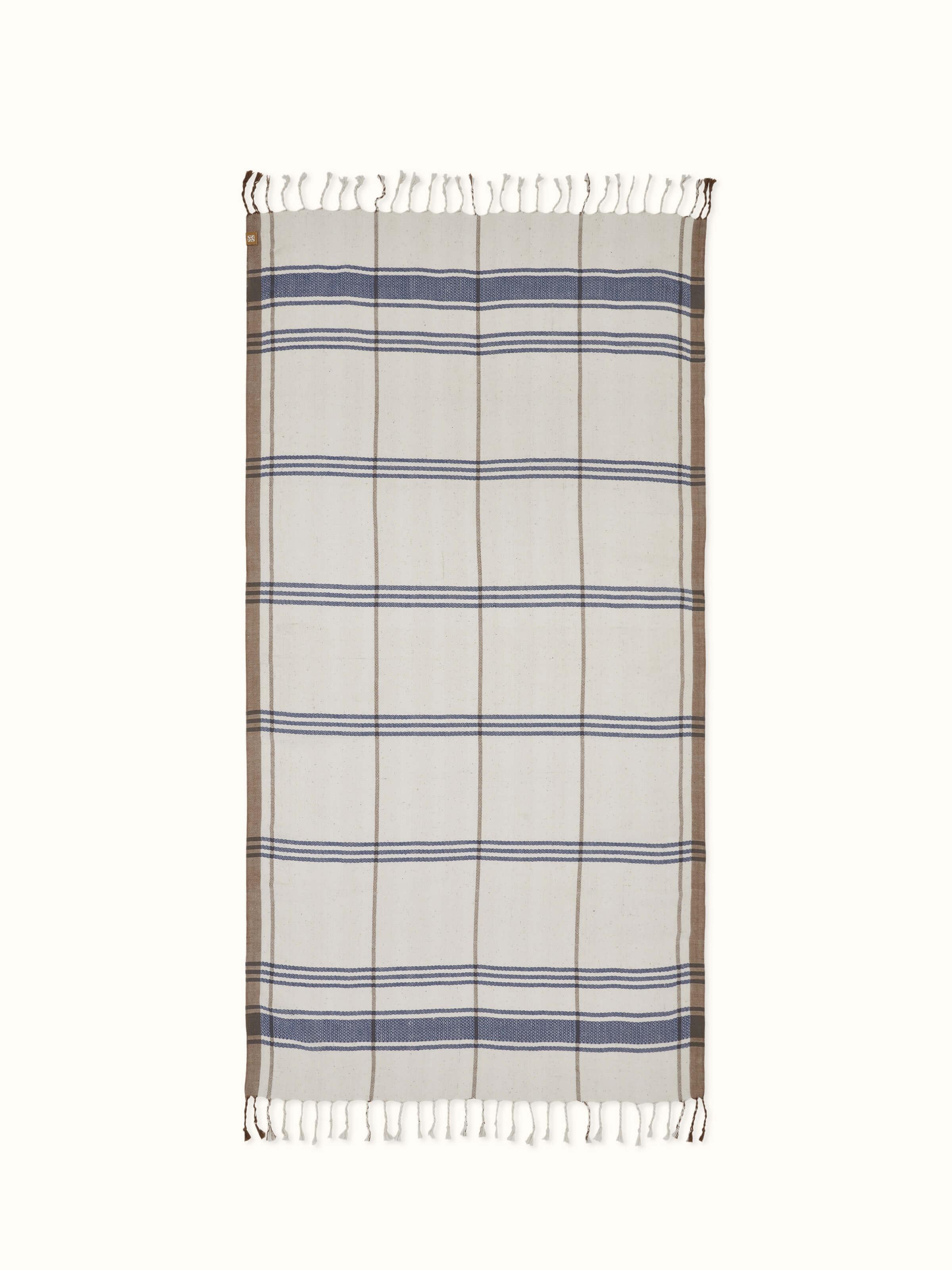 Full view of Sarvika blue checks cotton bath towel (M) showcasing the blue checkered pattern and cotton material.