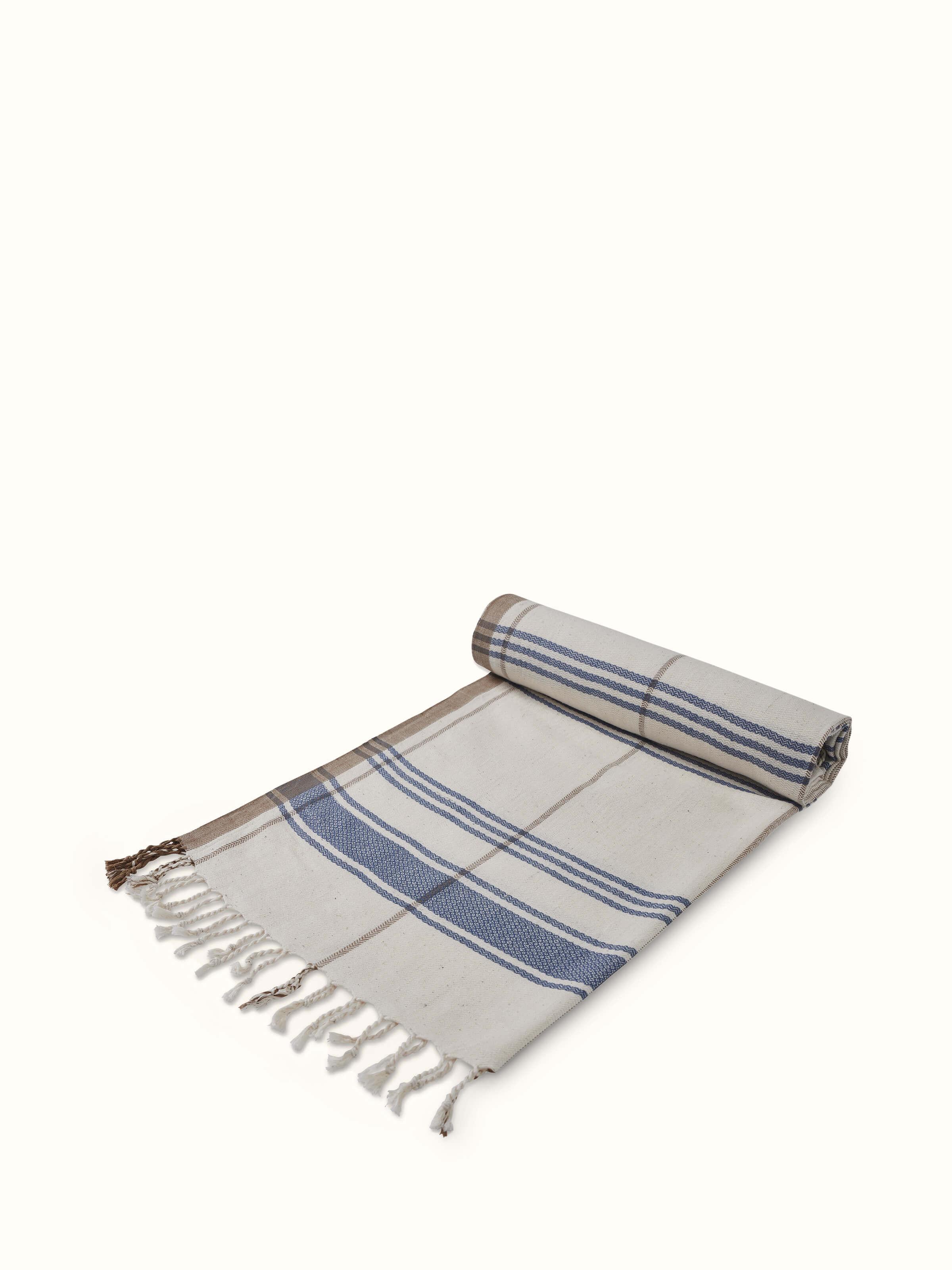 Detailed view of Sarvika blue checks cotton bath towel (M) focusing on the fabric and pattern.