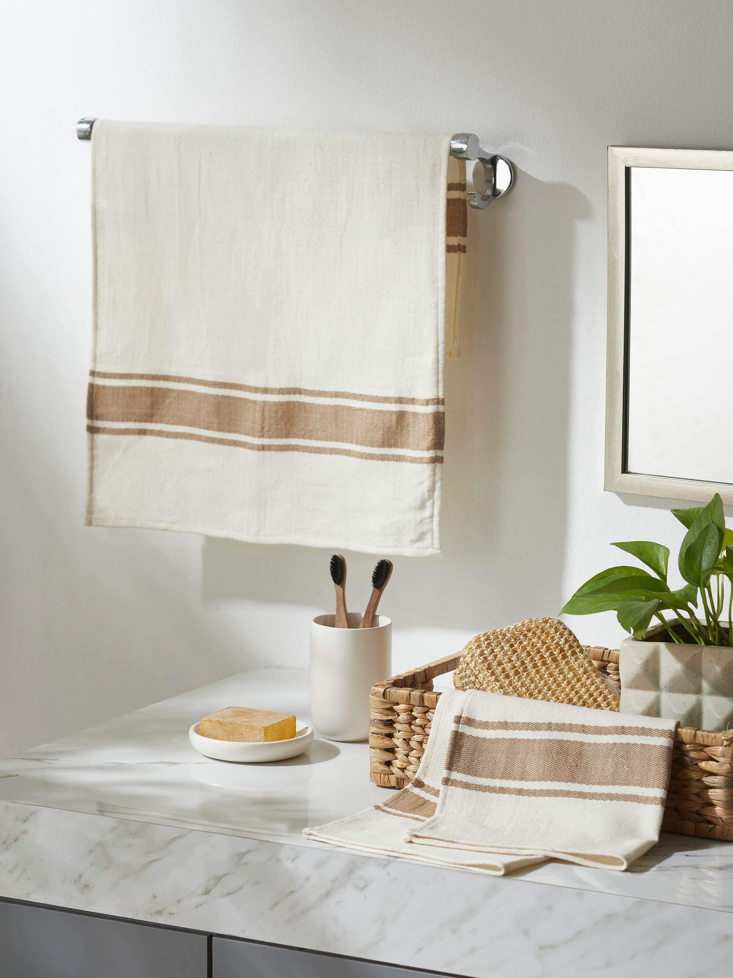 Close-up of Sarvika khakhi checks cotton hand towels (2 pcs), highlighting the detailed checkered design.