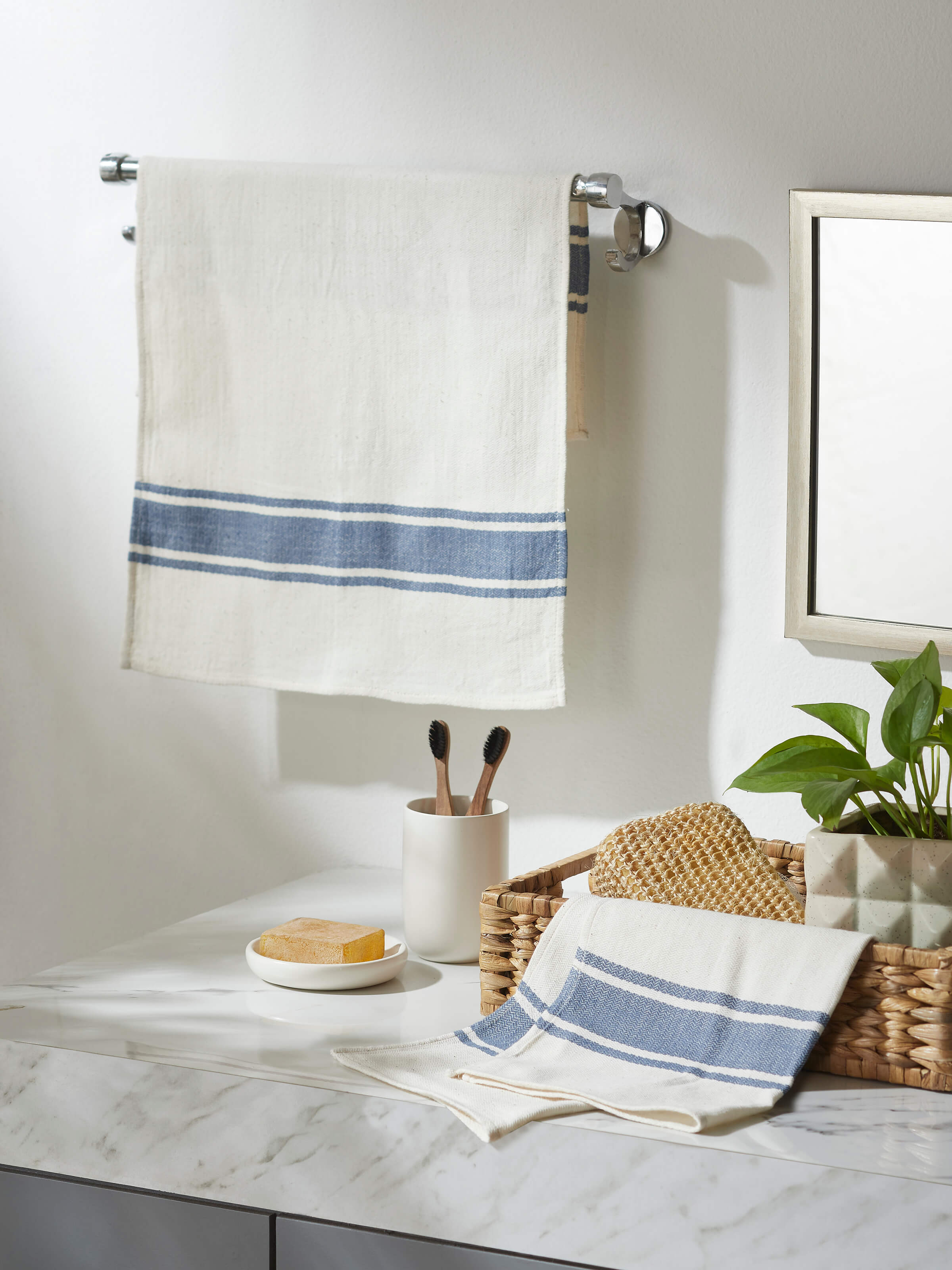 Close-up of Sarvika blue checks cotton hand towels (2 pcs) showing the check pattern and cotton fabric.