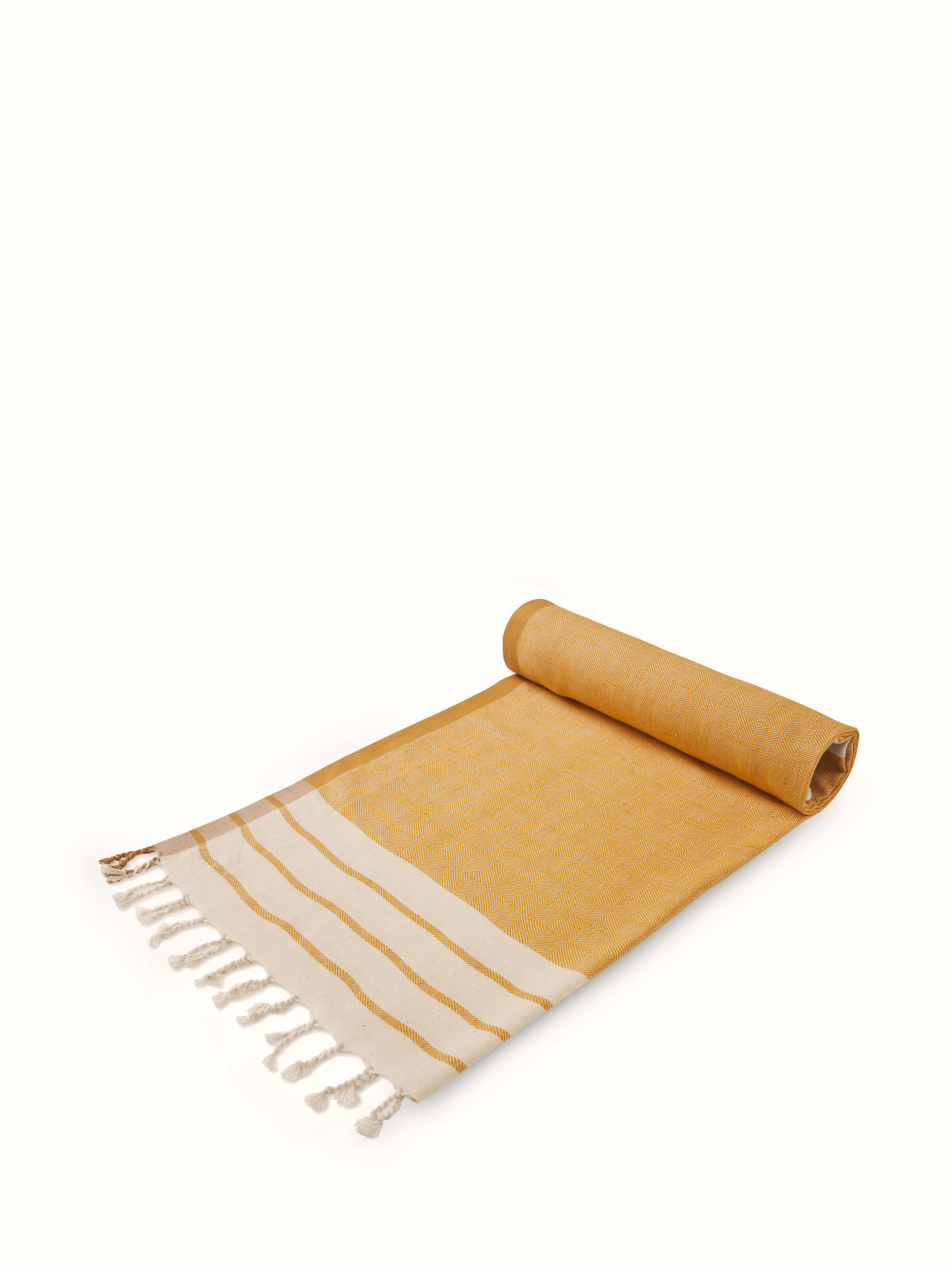 The Samitha yellow stripe cotton textured bath towel (M), displayed in a rolled-up view to emphasize its texture.