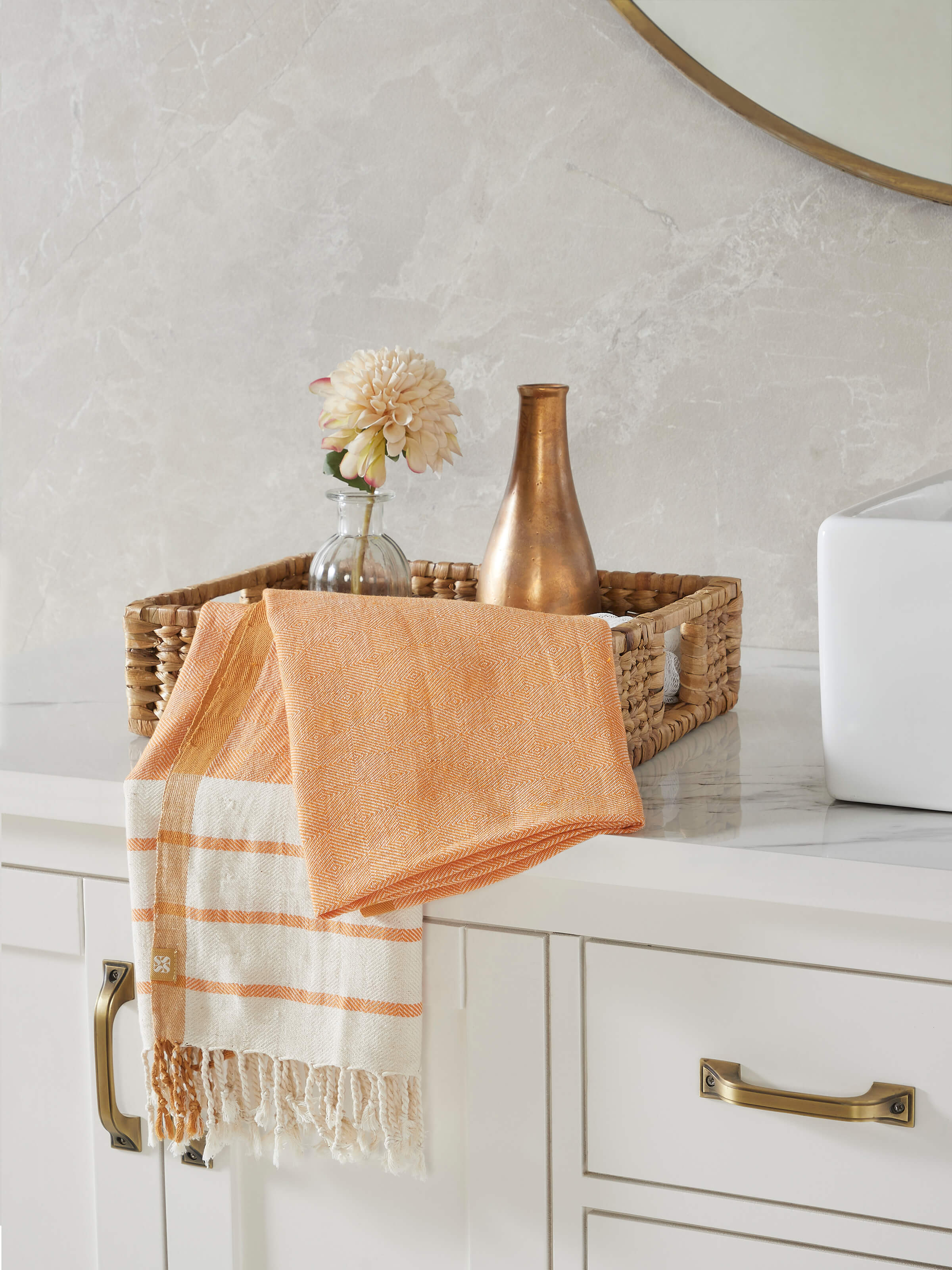 Samitha brown stripe cotton textured bath towel (M) displayed in a flat lay, showcasing the full length and color of the towel