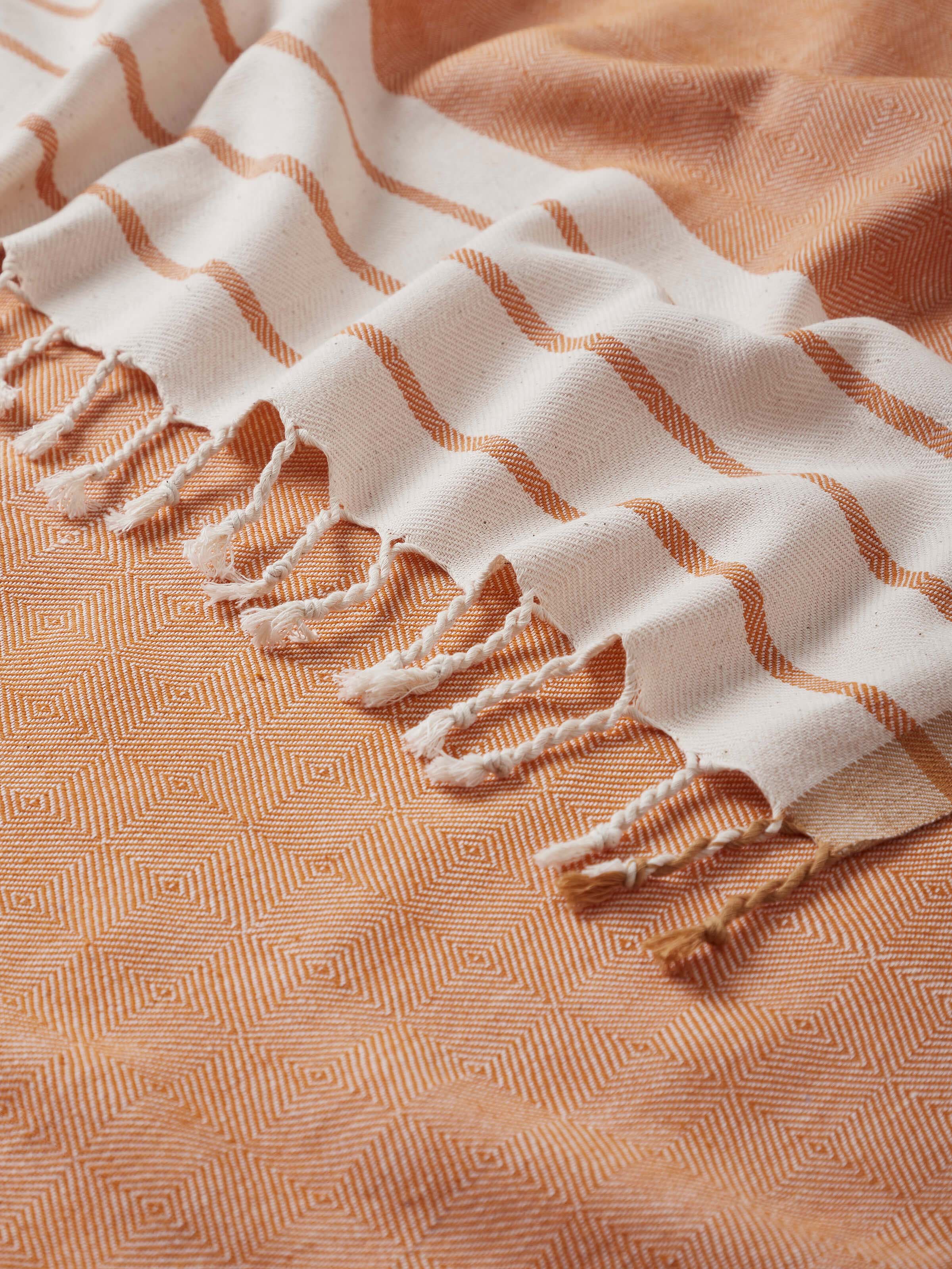 Close-up of Samitha brown stripe cotton textured bath towel (M) focusing on the fabric's texture and brown striped design