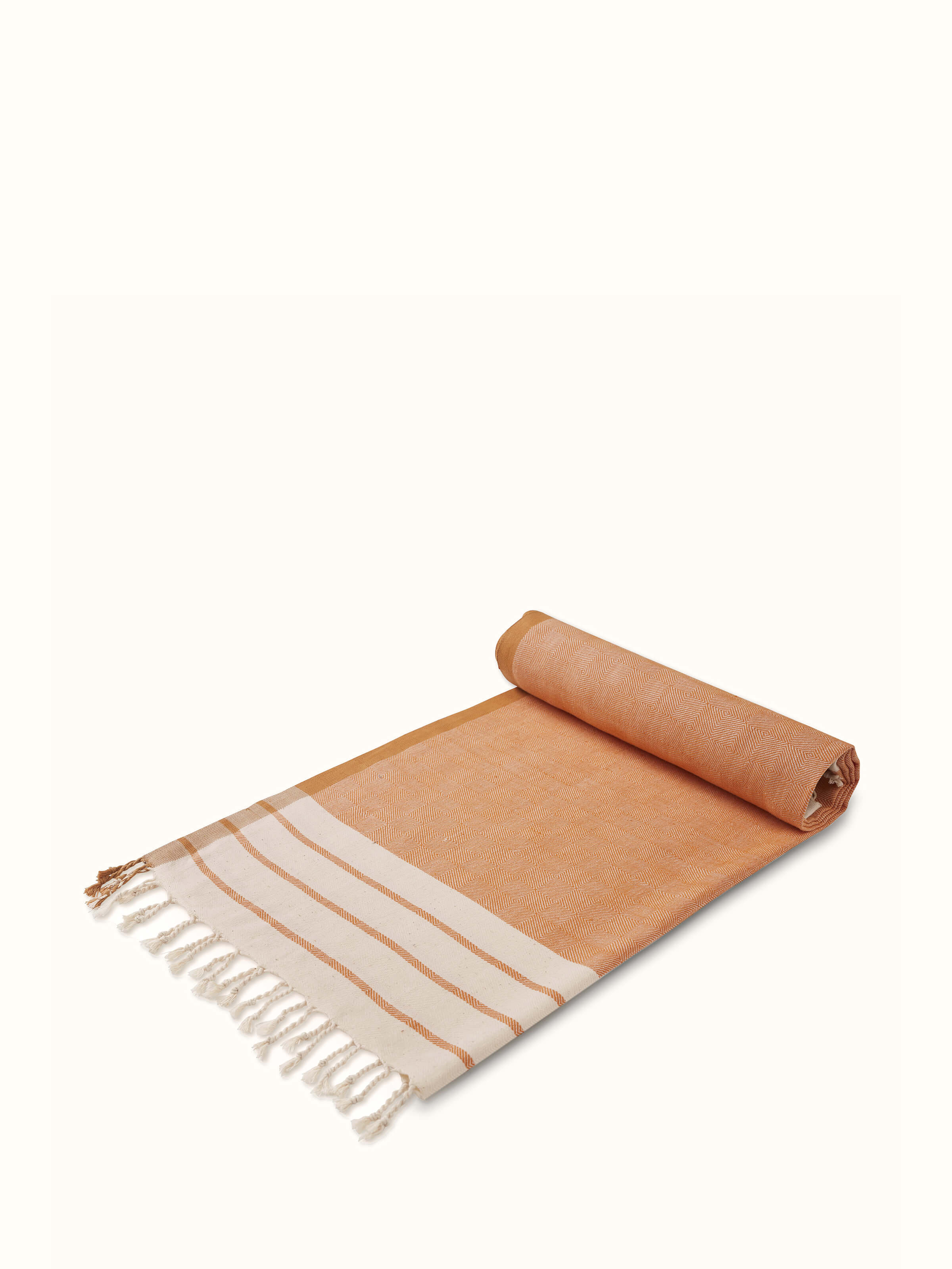 Samitha brown stripe cotton textured bath towel (M) shown hanging, emphasizing the towel's size and striped pattern in use