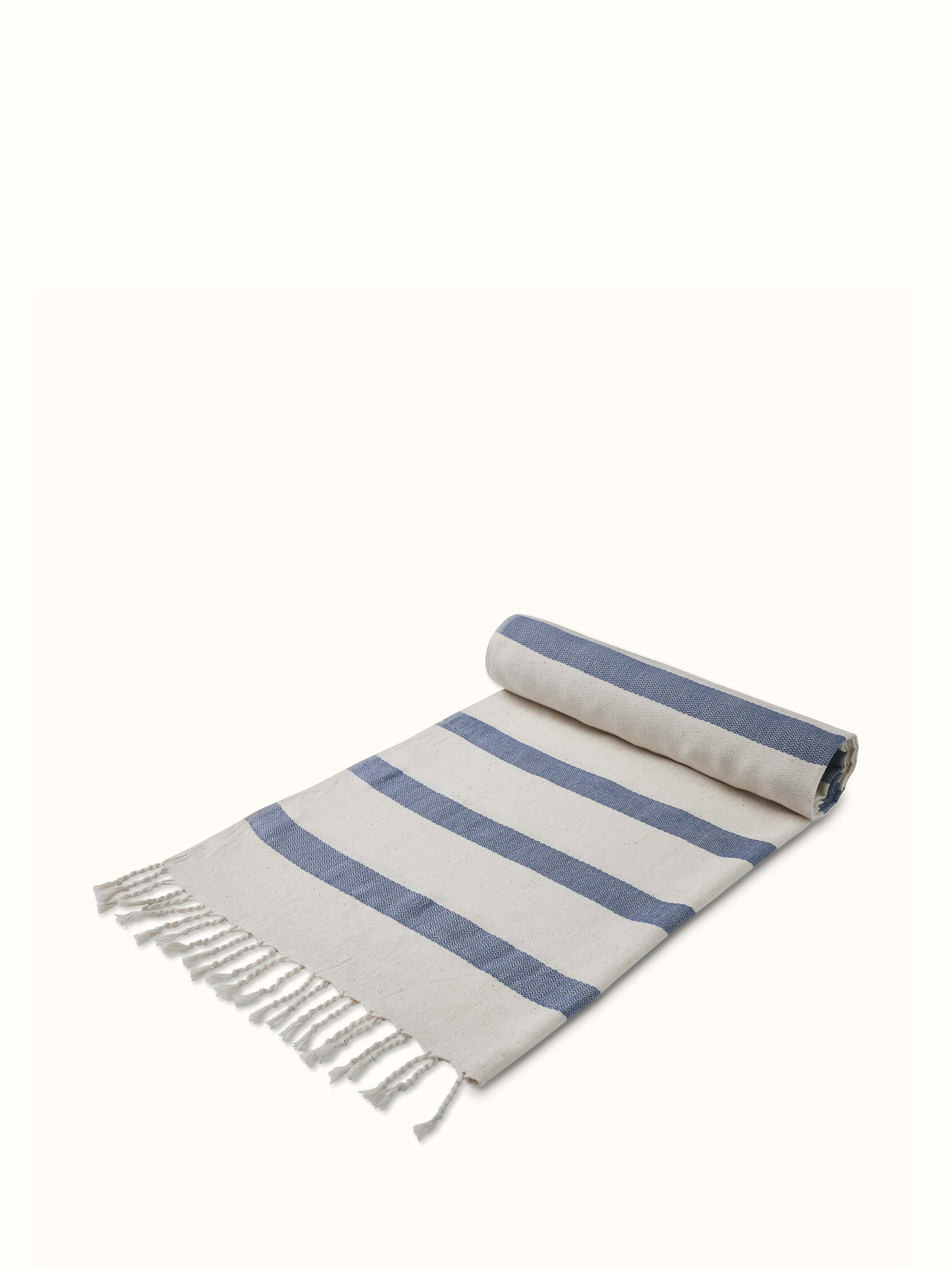 Salya blue stripe cotton striped bath towel (L) displayed in a bathroom setting, showing its use and size.
