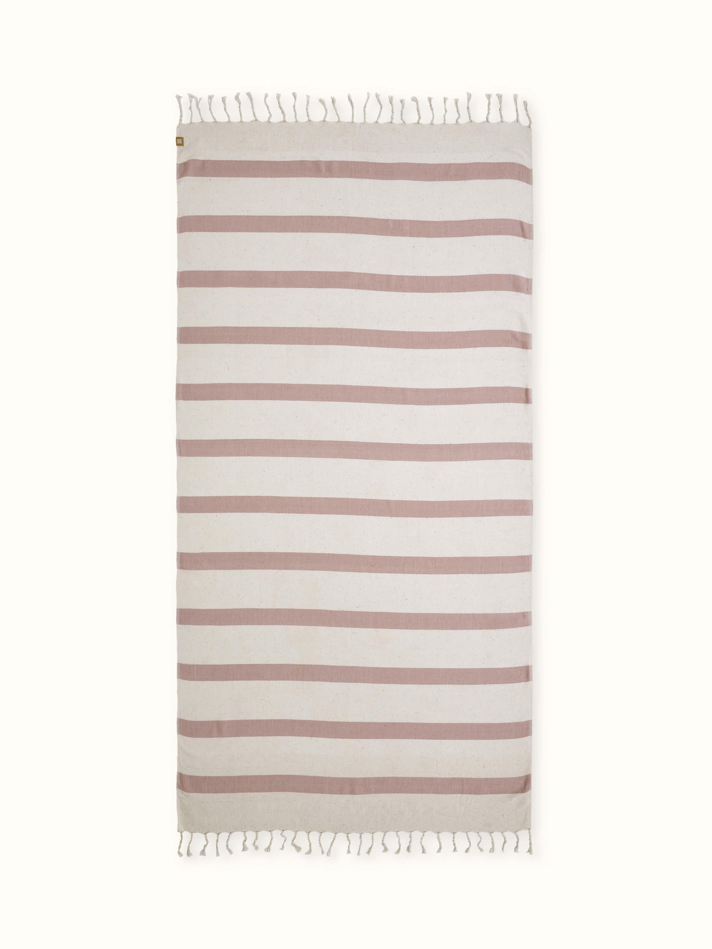 Front view of Salya red stripe cotton striped bath towel (L) showcasing vibrant design and soft texture