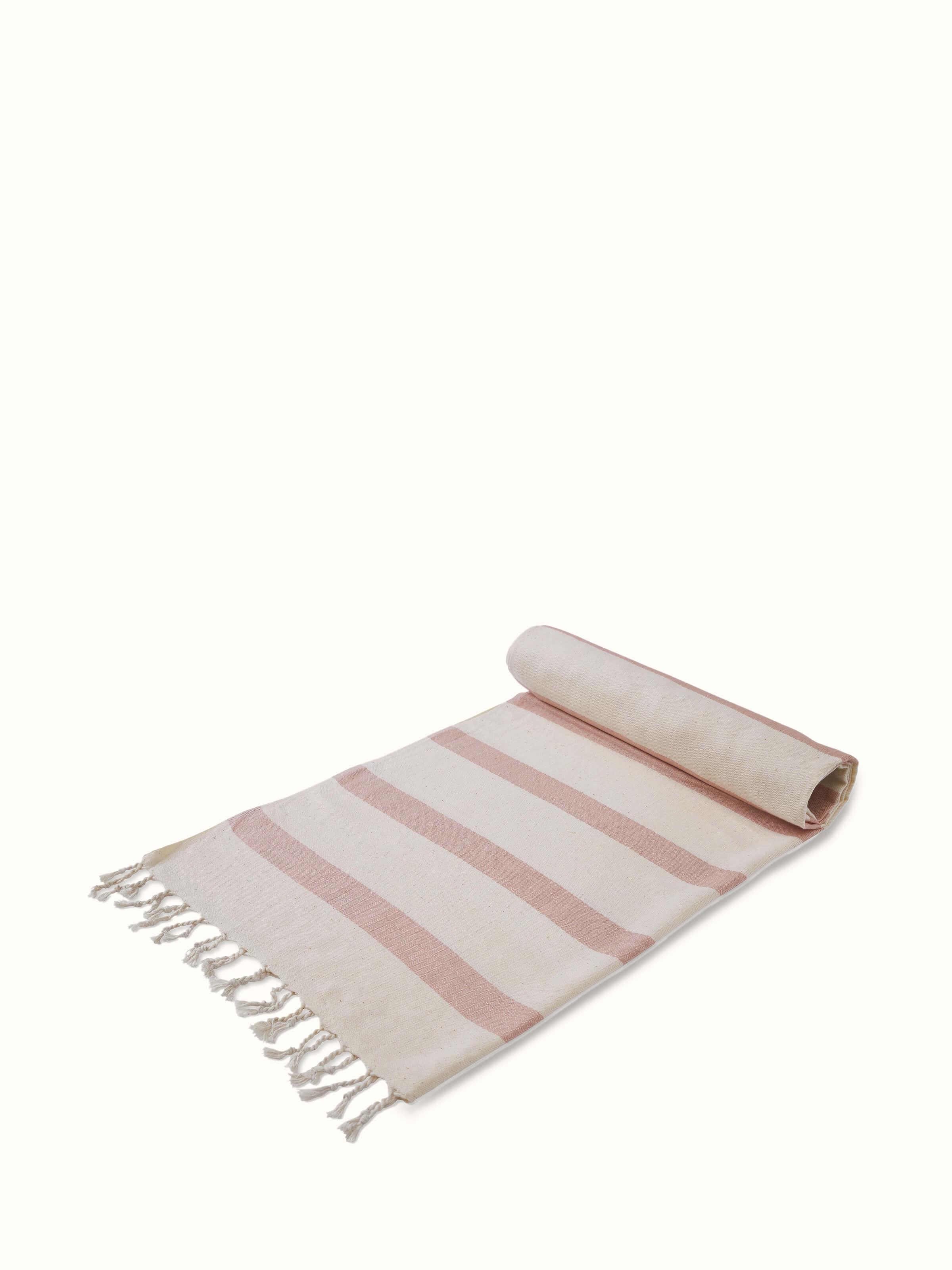 Angle view of Salya red stripe cotton striped bath towel (L) emphasizing softness and quality