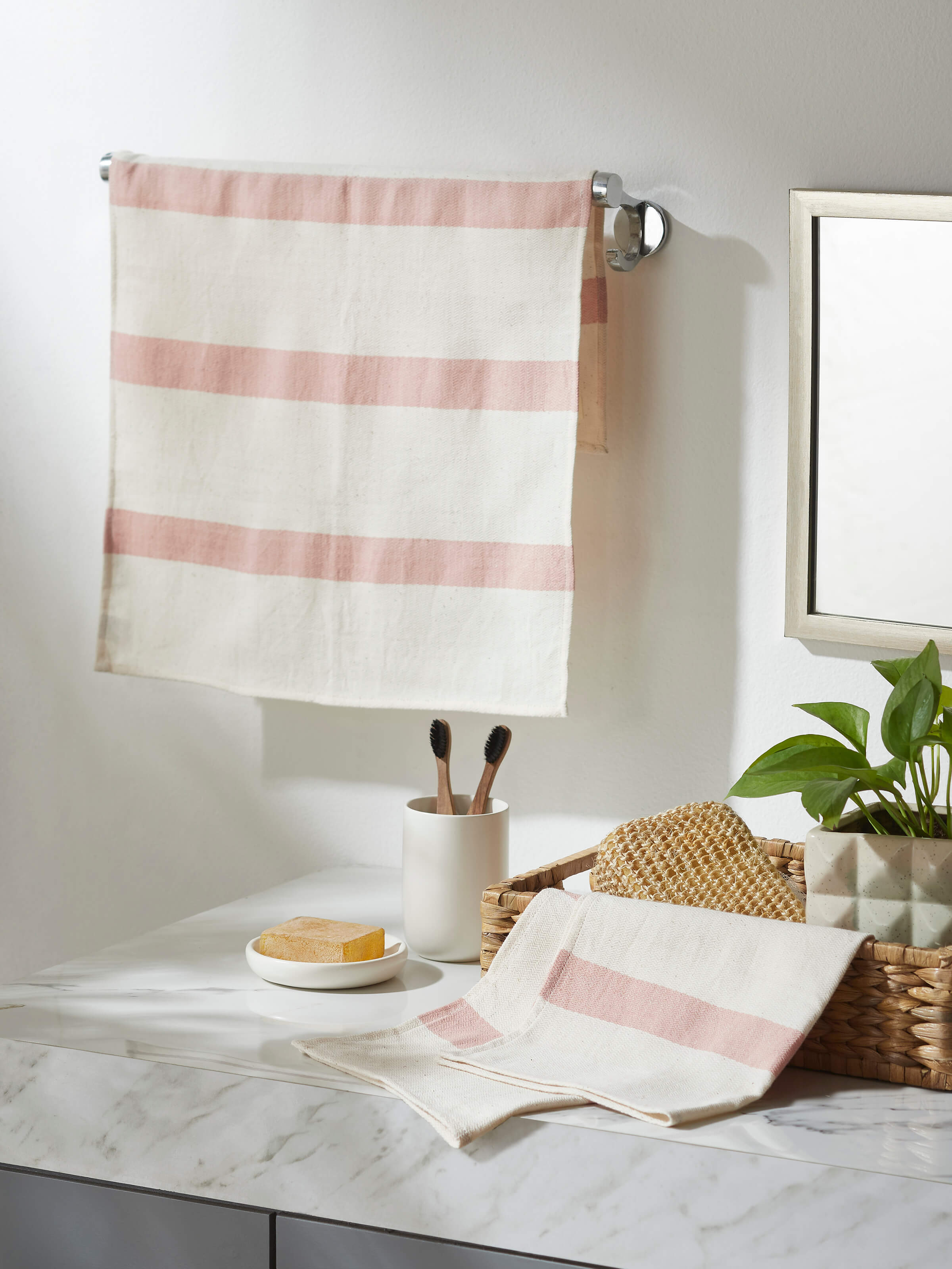 Front view of Salya Rose Stripe Cotton Hand Towels displaying the full set of two towels.