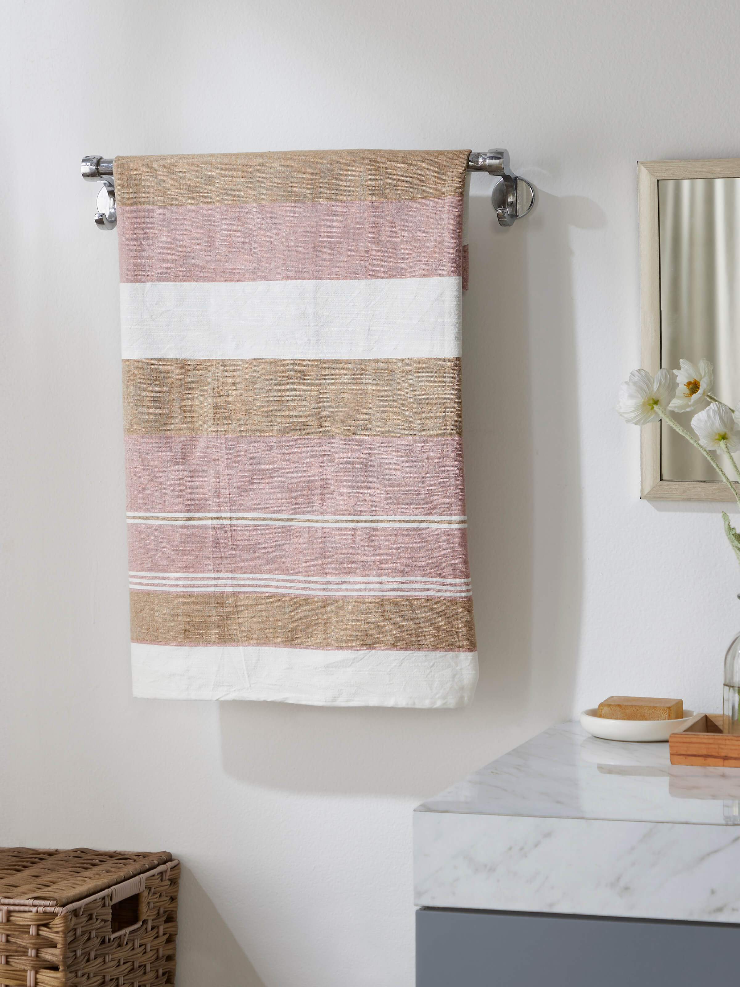 Side view of Aishani maroon stripe cotton bath towel highlighting its stripes and design