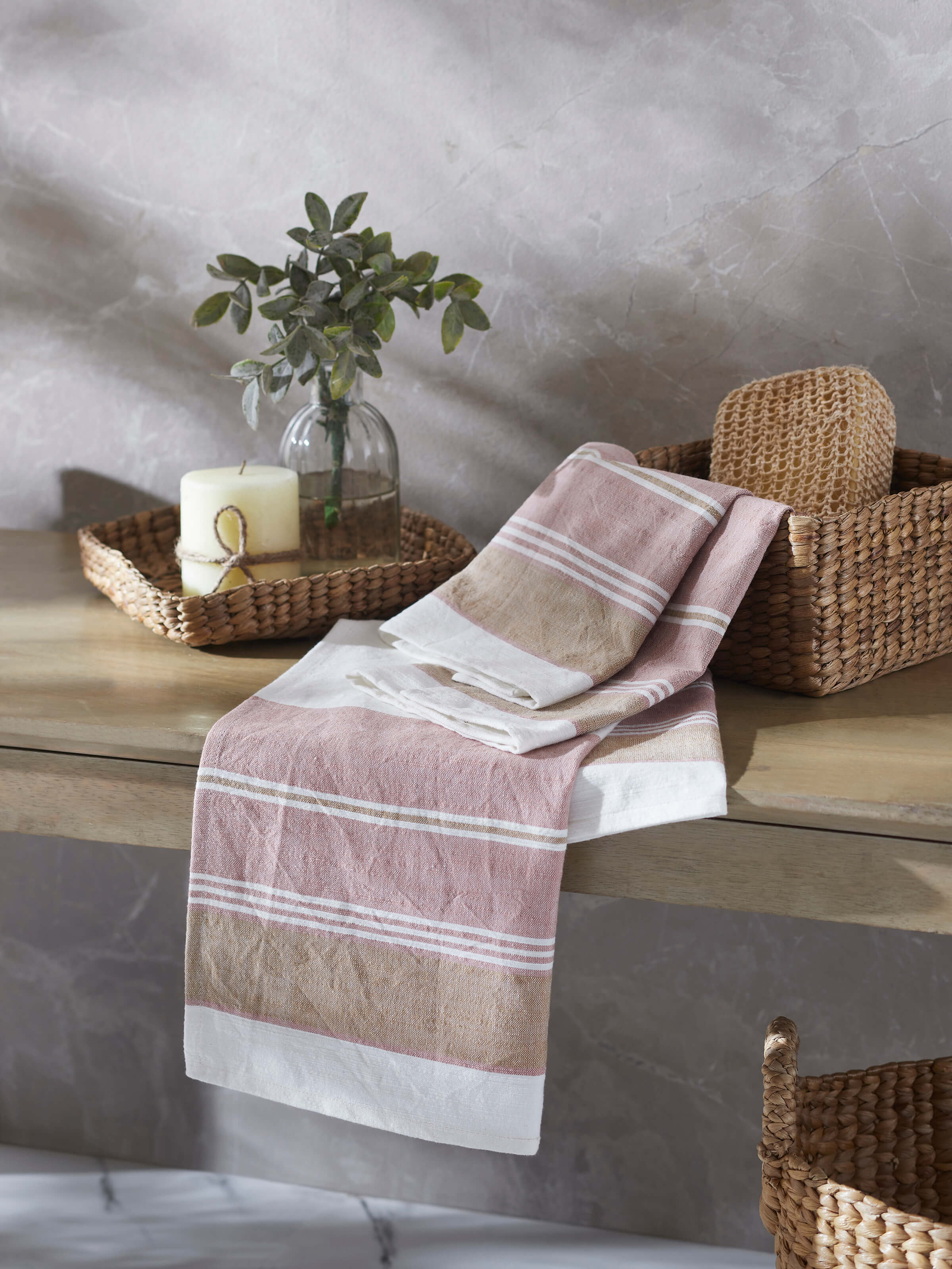 Close-up of Aishani maroon stripe cotton hand towels (2 pcs), highlighting the stripe design and cotton fabric quality.