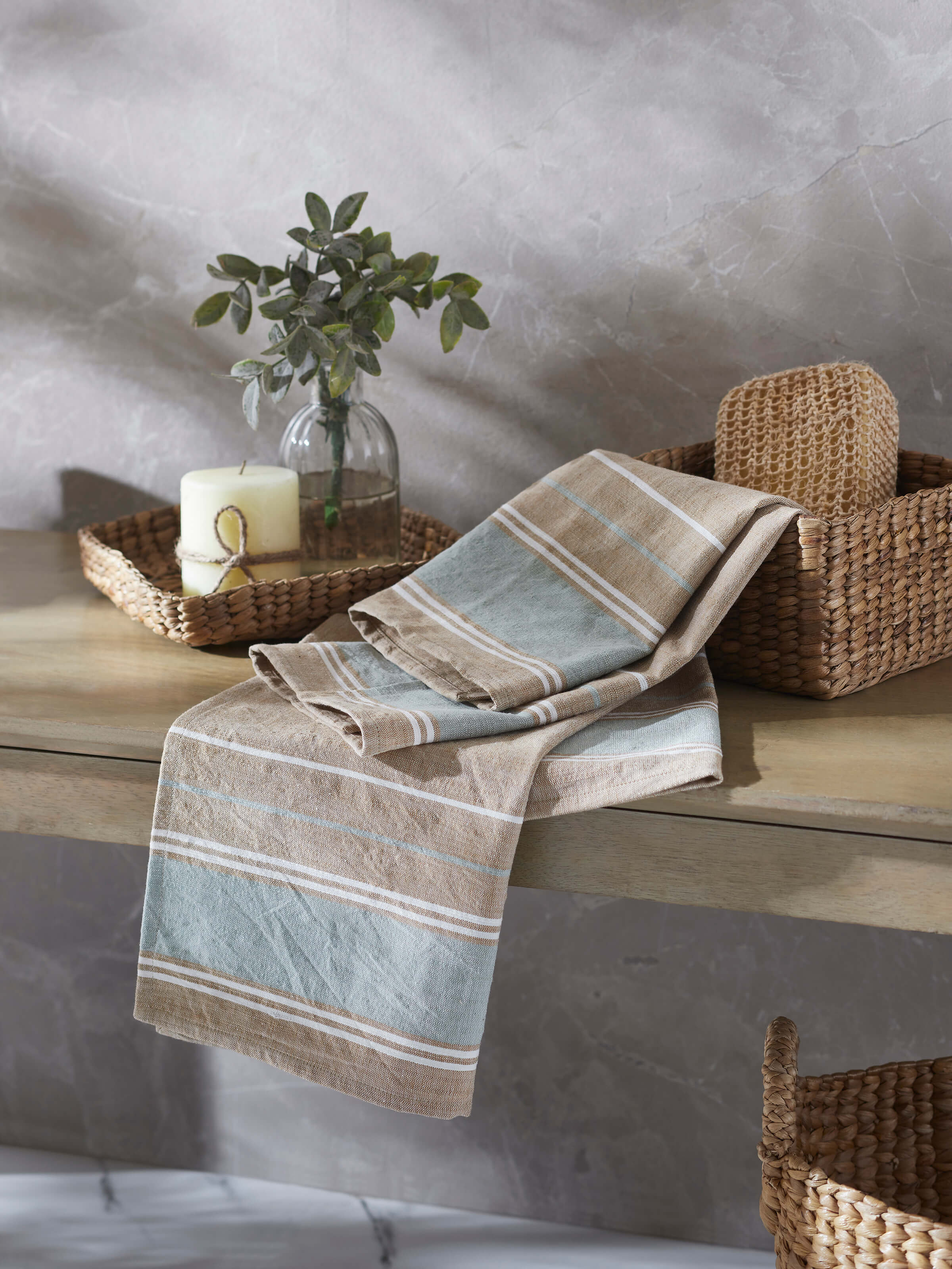 Close-up view of Samistha green stripe cotton hand towels (2 pcs), showcasing the green stripe pattern and cotton texture.