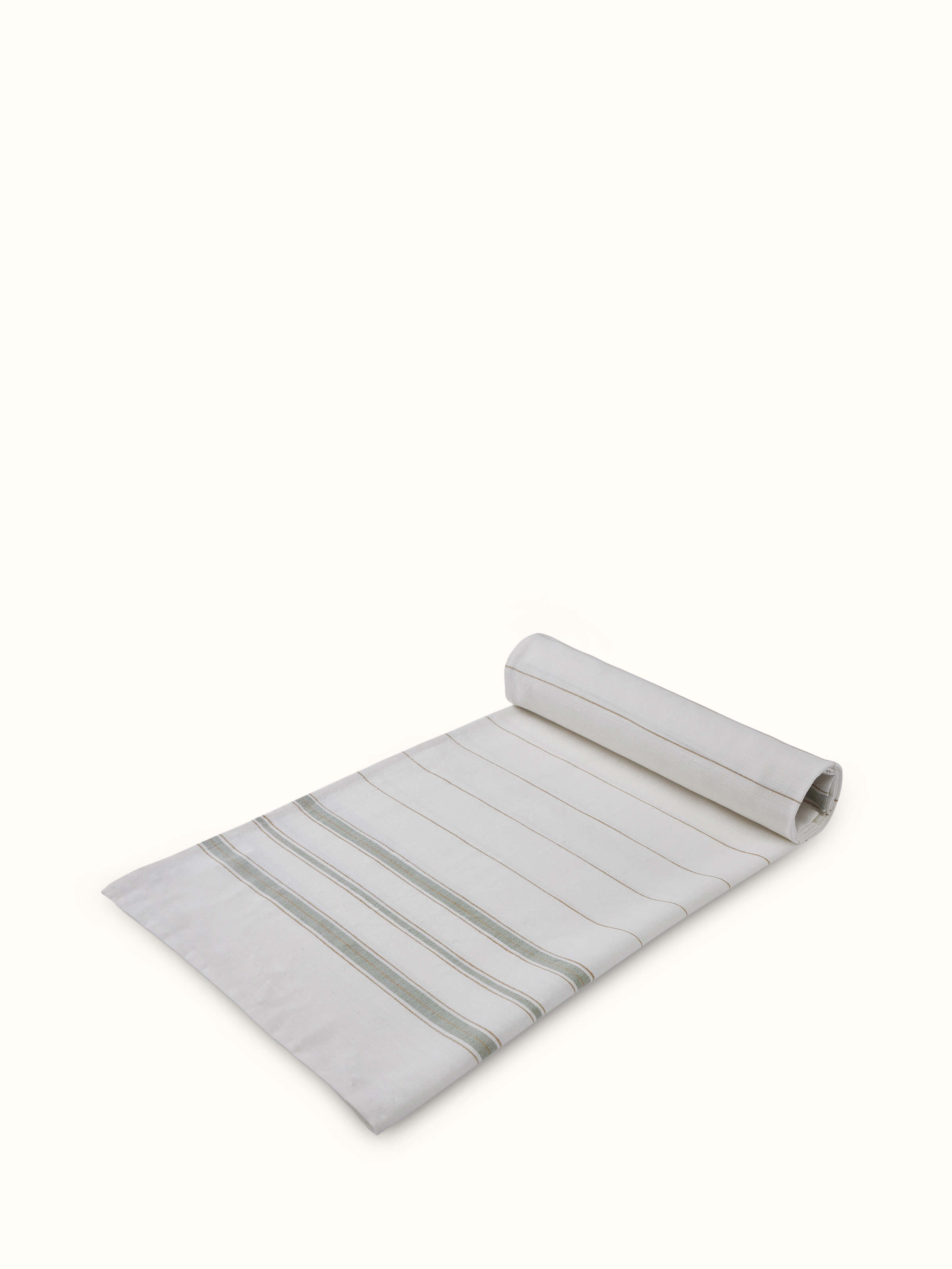 Angled view of Adrita Green Stripe Cotton Bath Towel (M), showing the full length and green stripes on the towel.