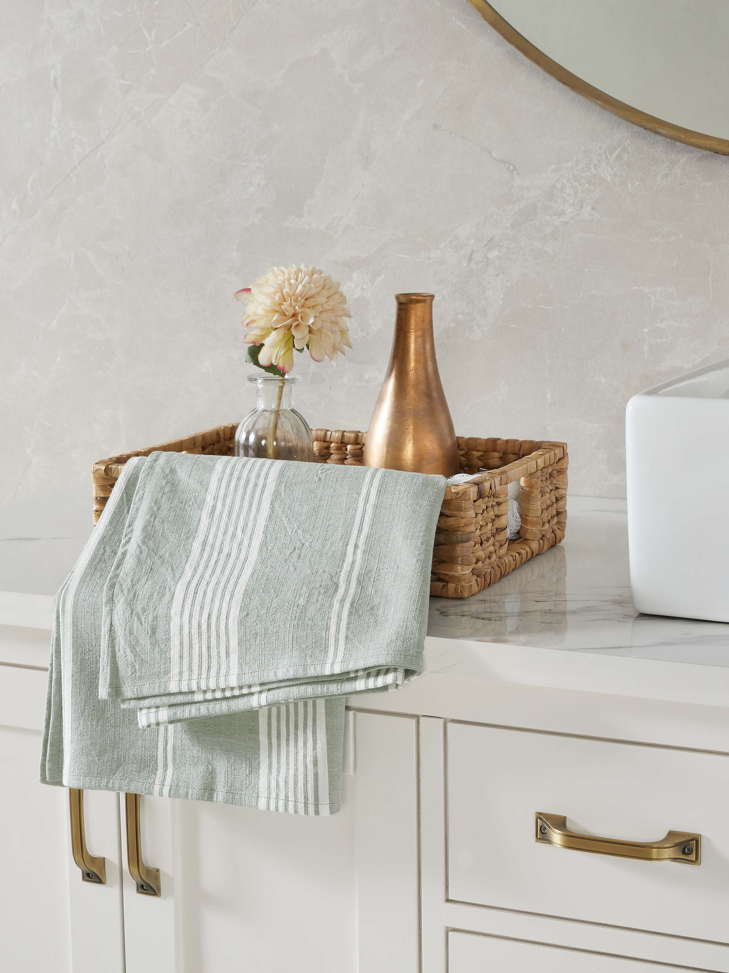 Side view of Simhi Green Stripe Cotton Bath Towel (M) highlighting the towel's texture and stripes.