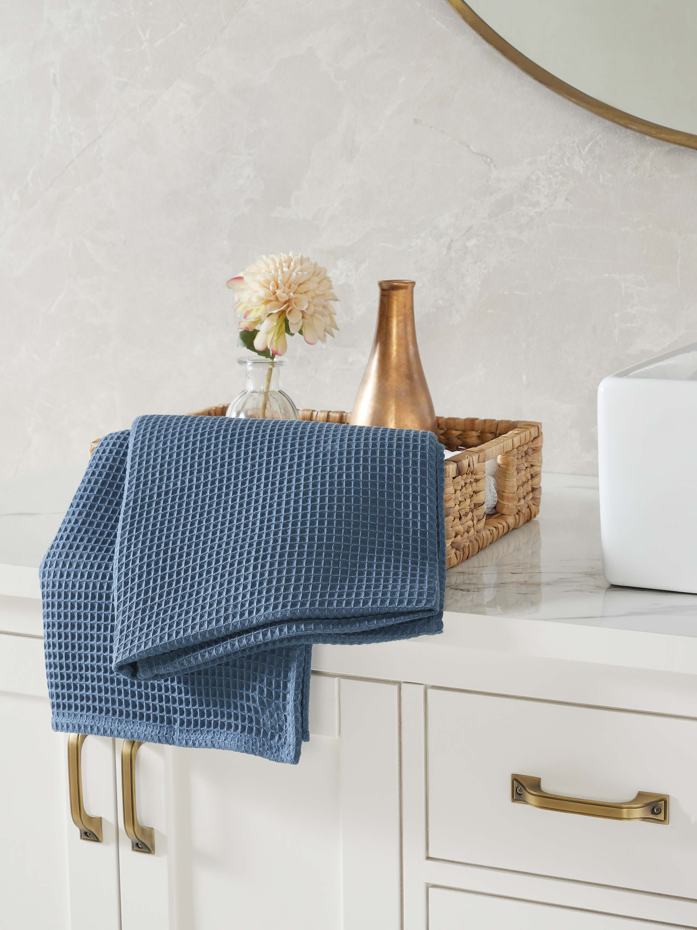 Front view of Amala Waffle Blue Solid Cotton Bath Towel displaying the full towel.