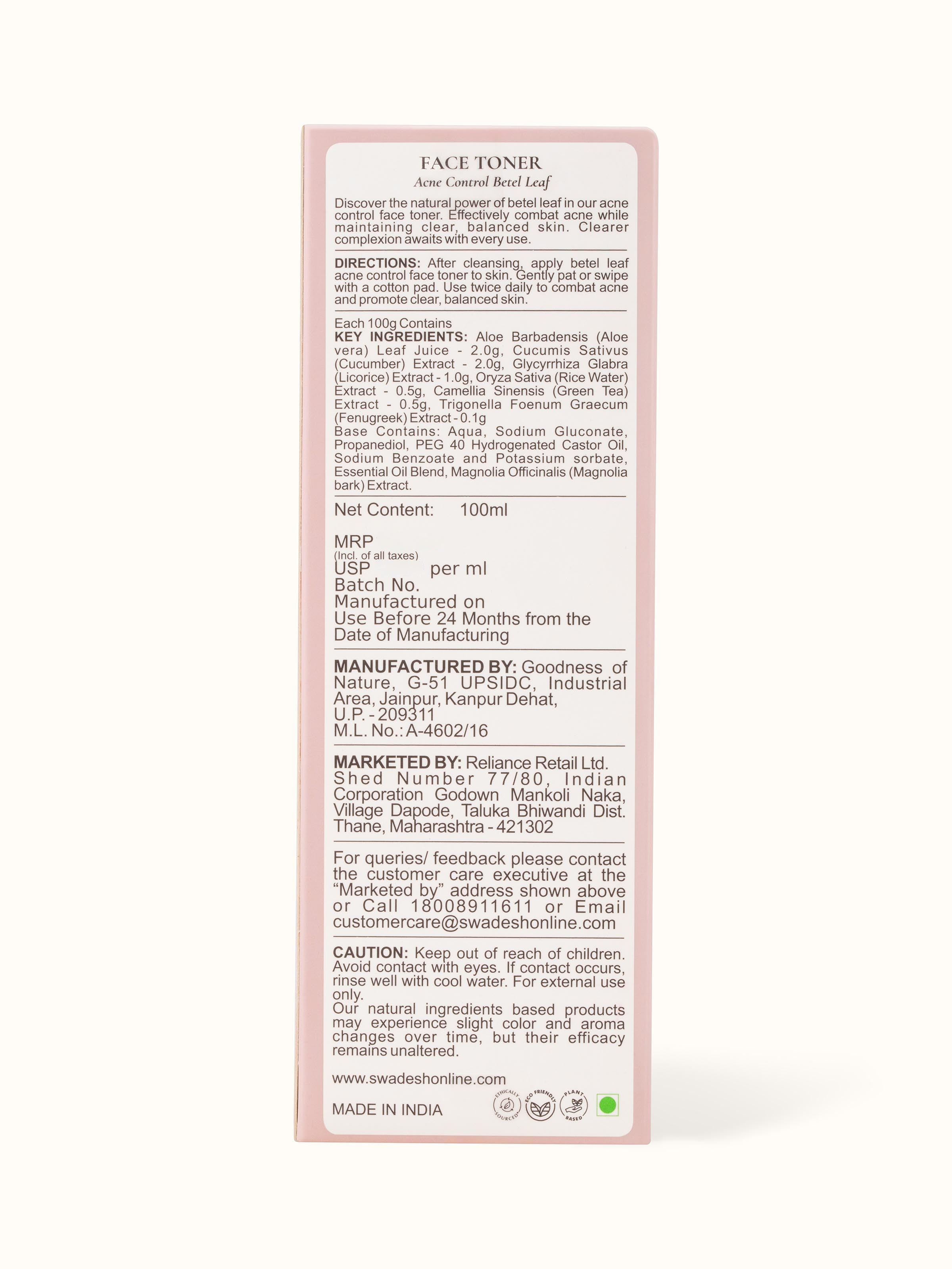 Front view of Face Toner Acne Control Betel Leaf highlighting its acne-fighting properties and refreshing texture