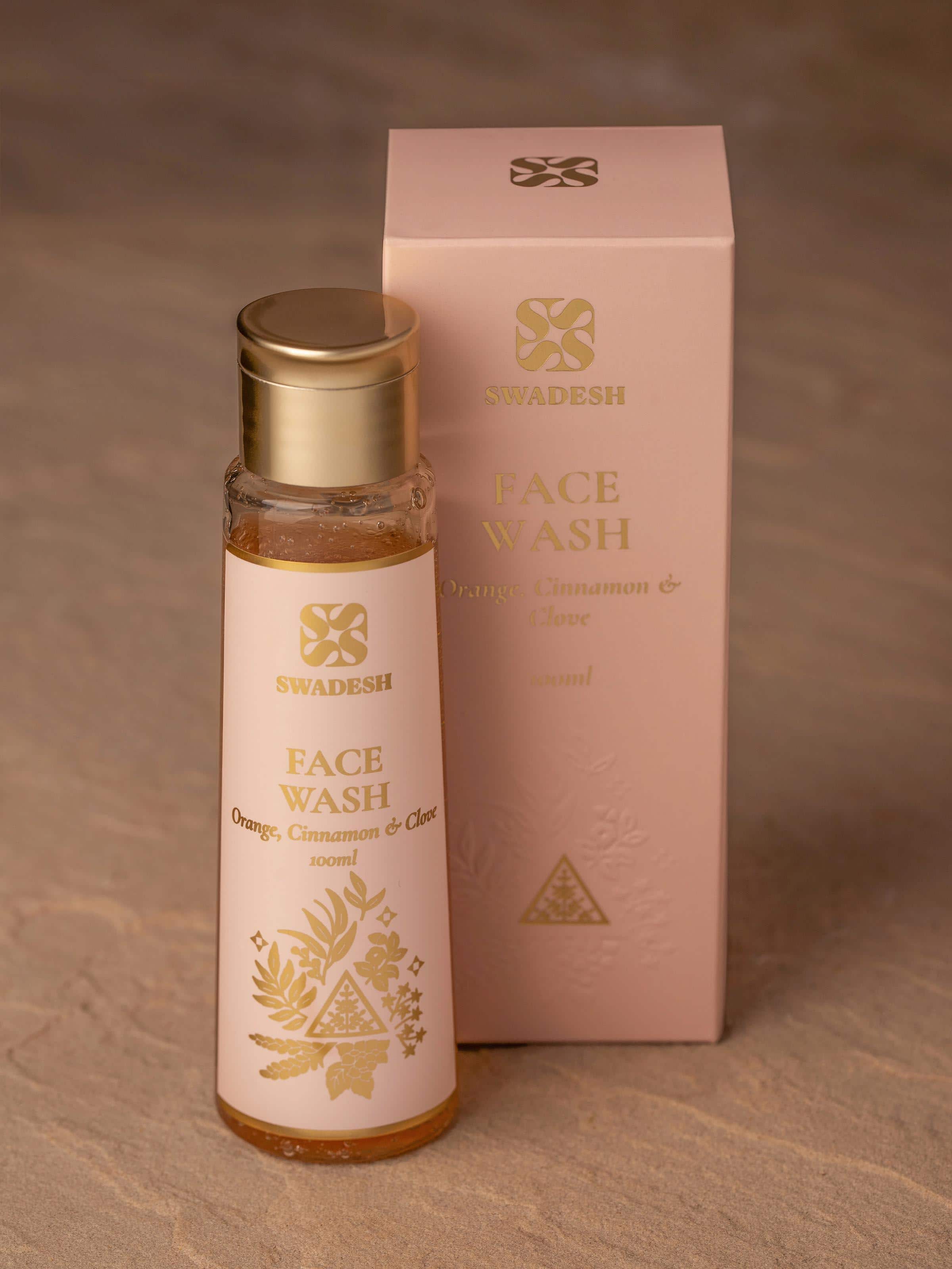 Back view of Face Wash Orange, Cinnamon & Clove bottle showing ingredients list