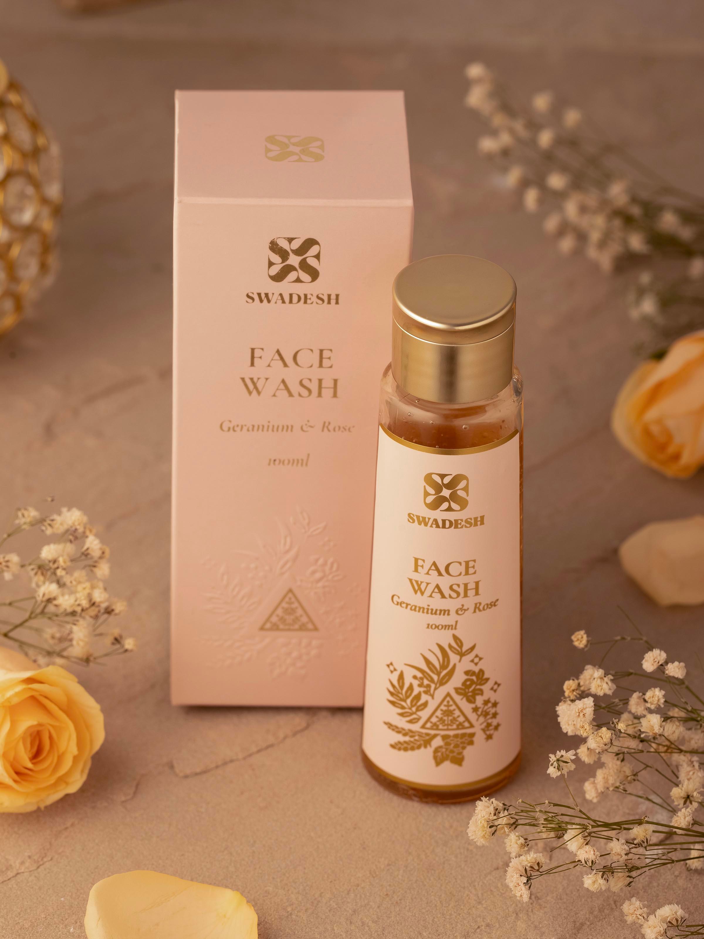 Side view of Face Wash Geranium & Rose highlighting the detailed label and product consistency.
