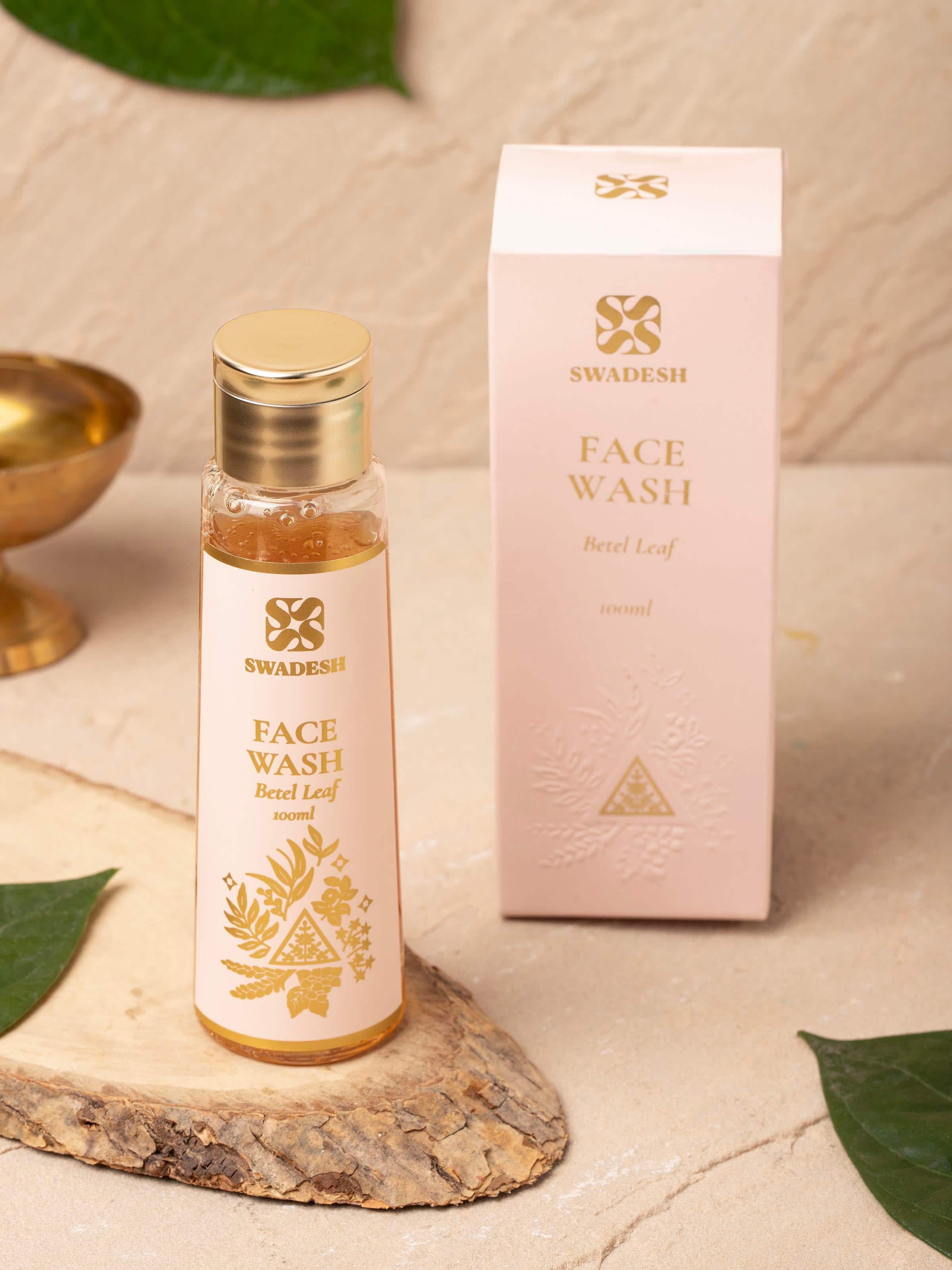 Close-up of Face Wash Betel Leaf bottle focusing on the label's text and the clear liquid inside.