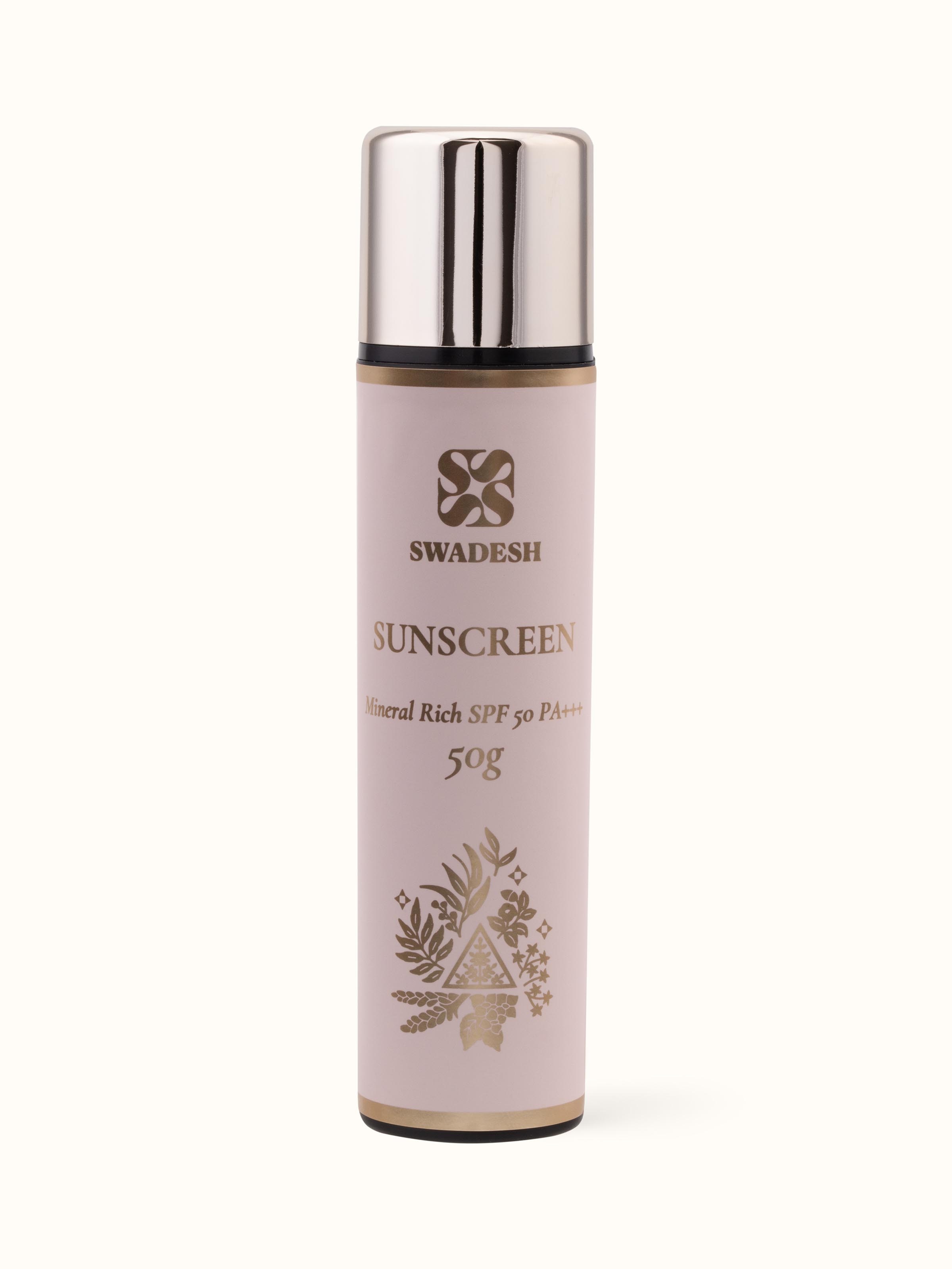 Front view of Sunscreen Mineral Rich SPF 50 PA+++ highlighting its sleek packaging and high sun protection factor