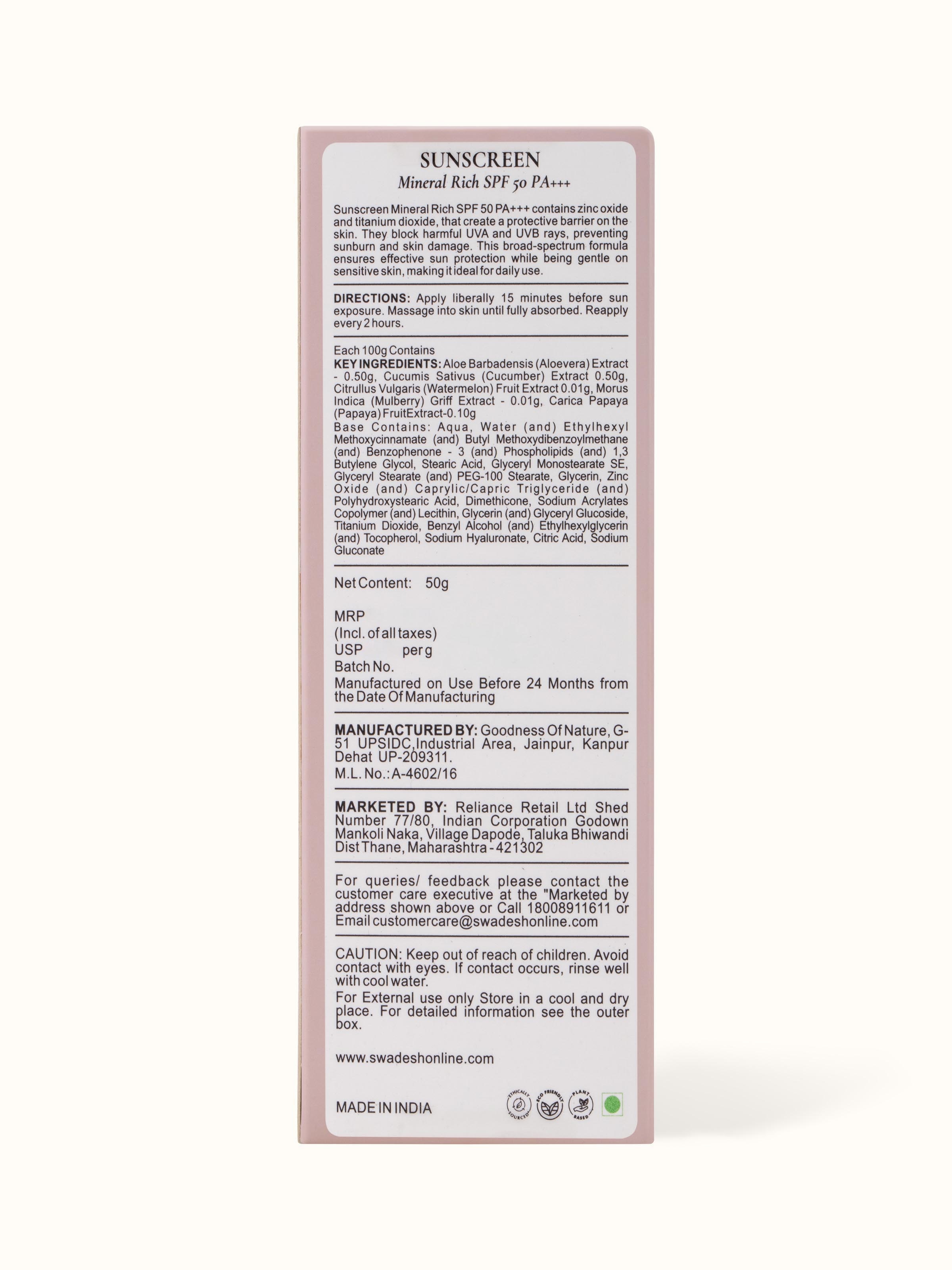 Front view of Sunscreen Mineral Rich SPF 50 PA+++, showcasing its protective formula for skin protection against UV rays