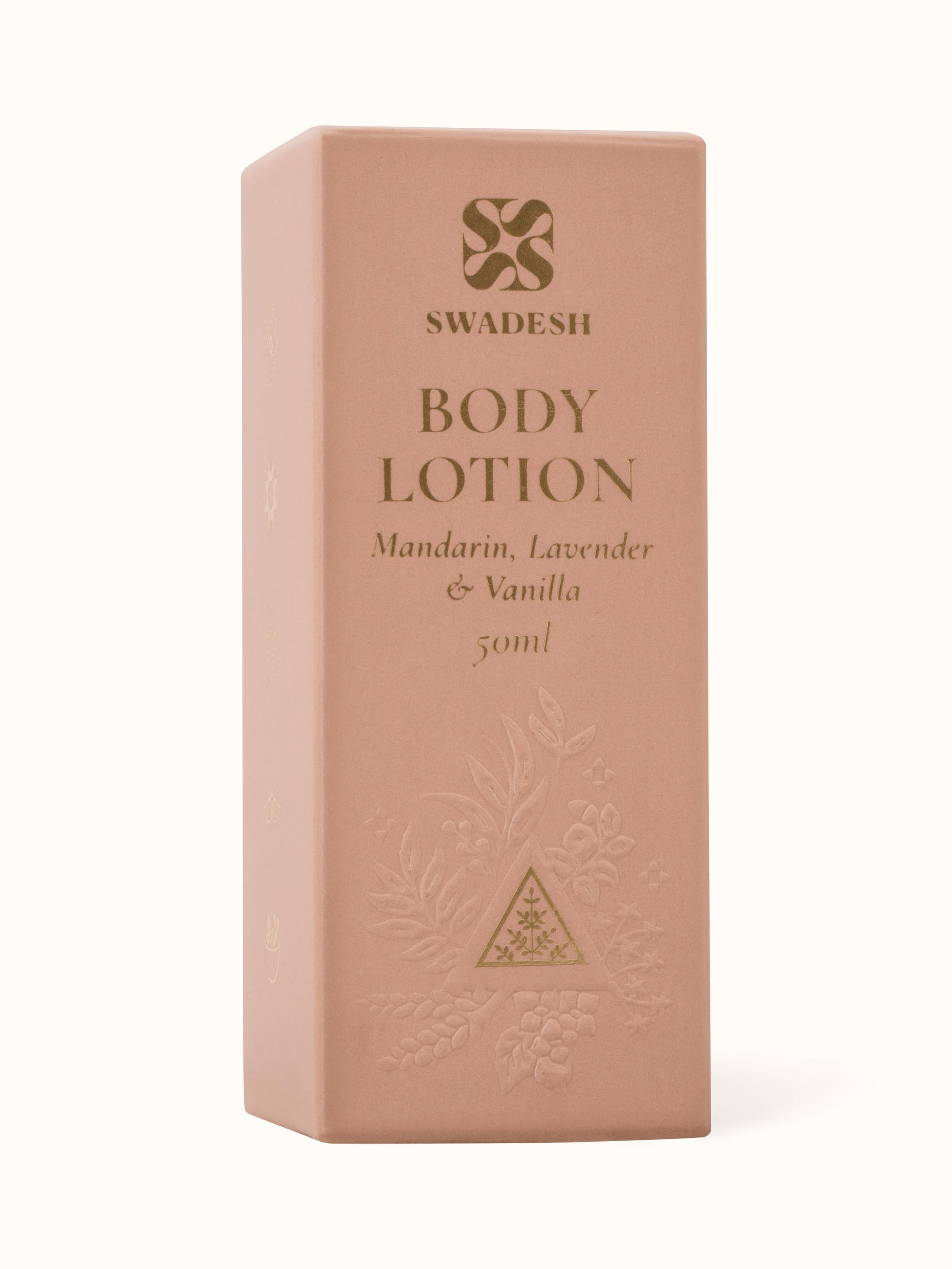 Back view of Body Lotion Mandarin, Lavender & Vanilla displaying the ingredient list and product information.
