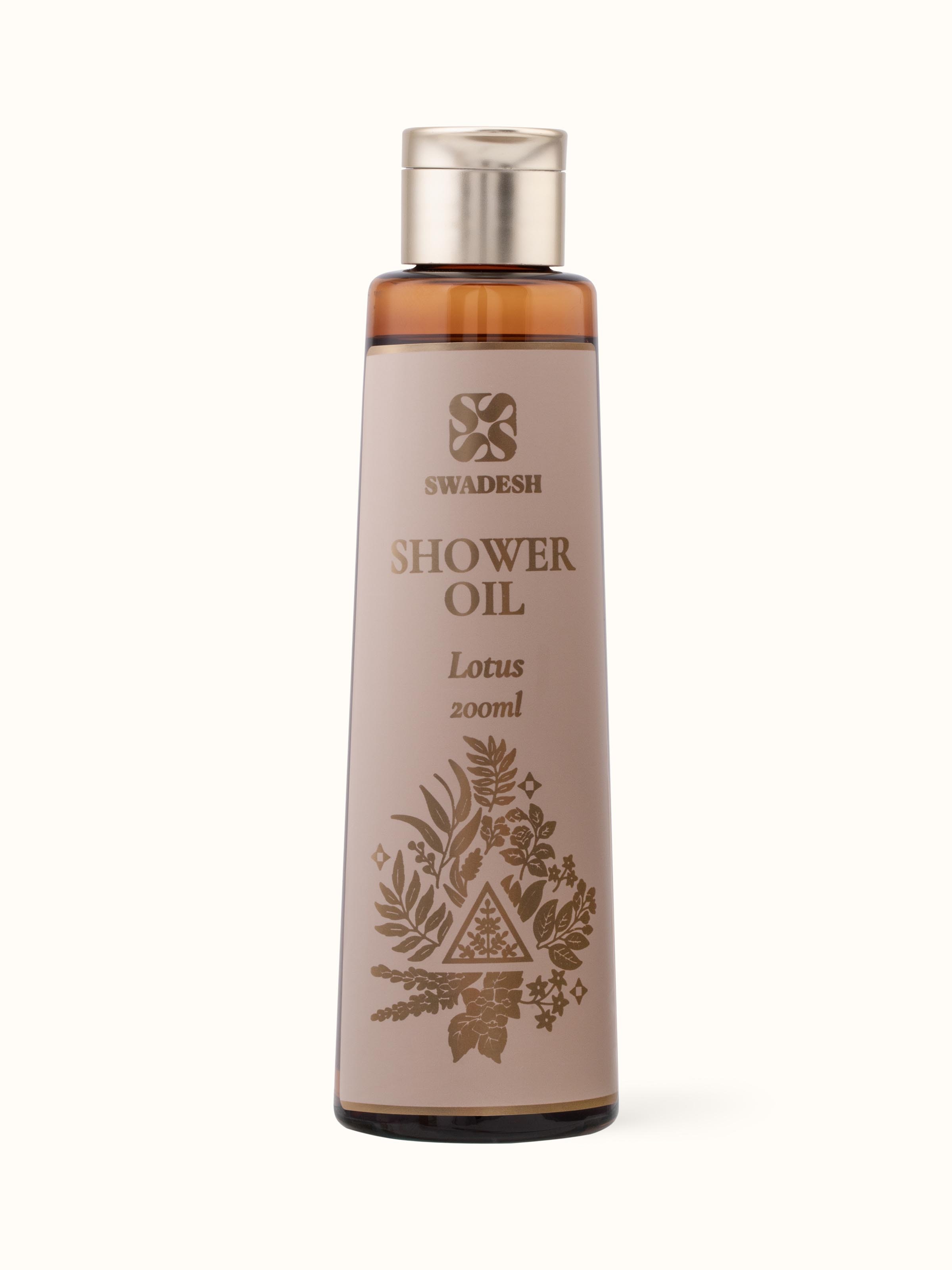 Front view of Shower Oil Lotus highlighting its luxurious packaging and hydrating formula