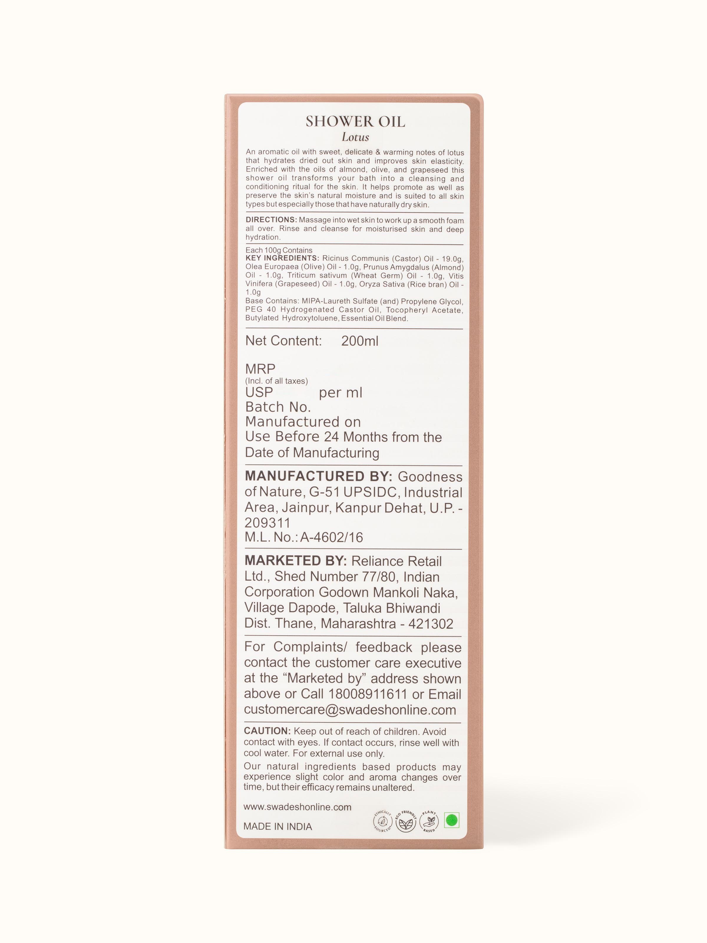 Close-up of Shower Oil Lotus, highlighting its hydrating and luxurious texture with calming lotus fragrance