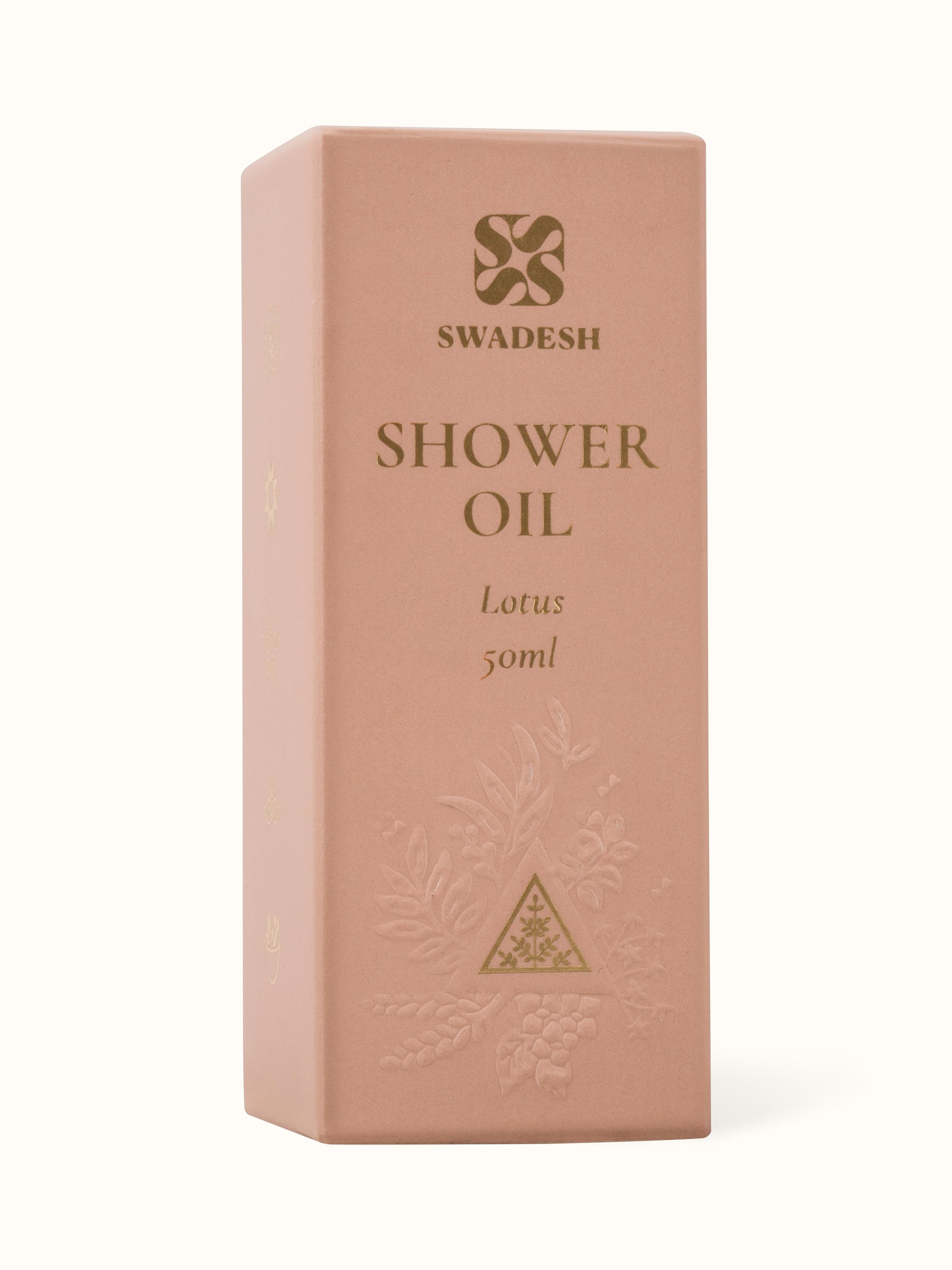 Back view of Shower Oil Lotus showcasing branding and ingredient information