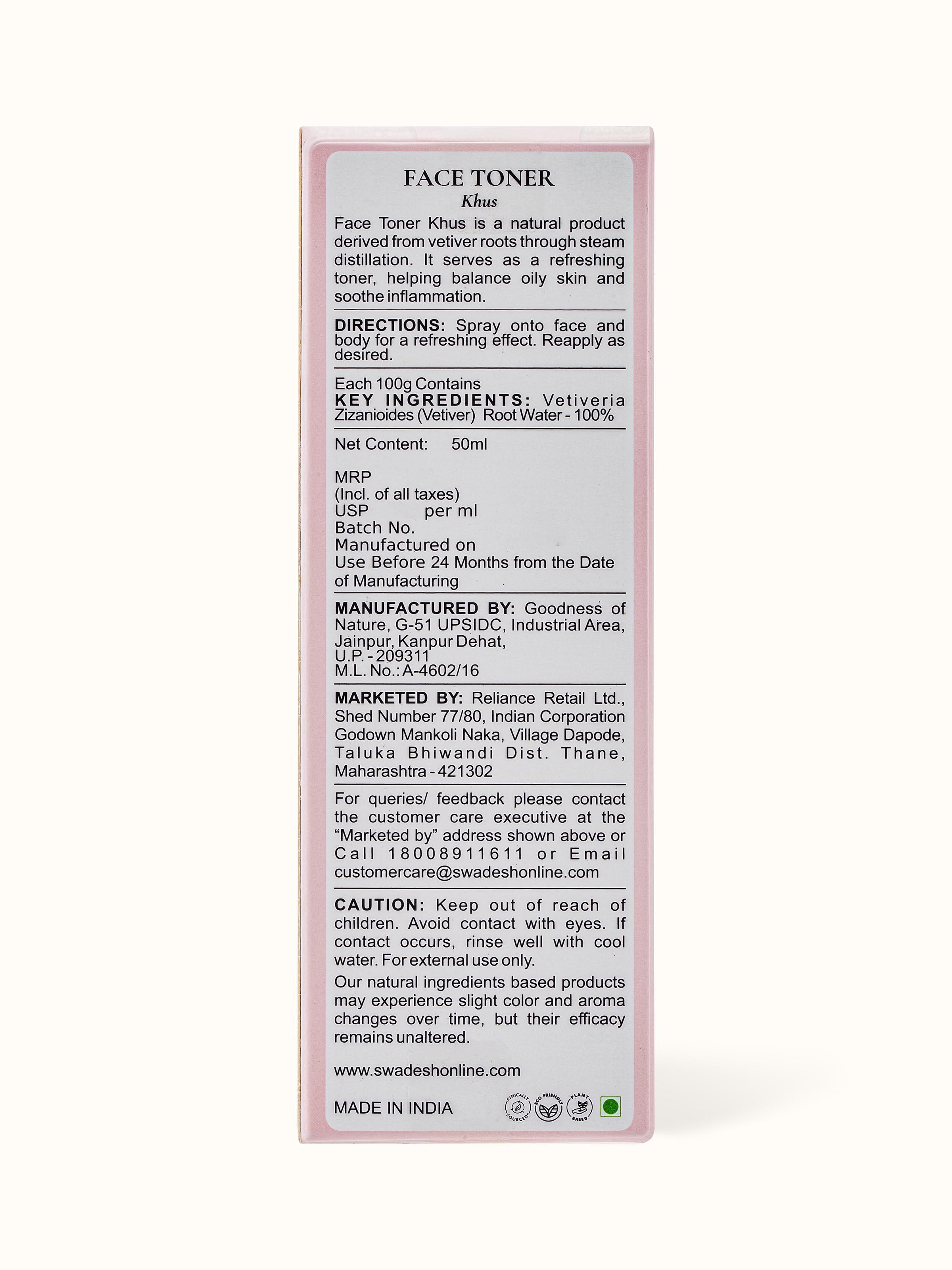 Side view of Face Toner Khus showcasing its hydrating properties and refreshing scent