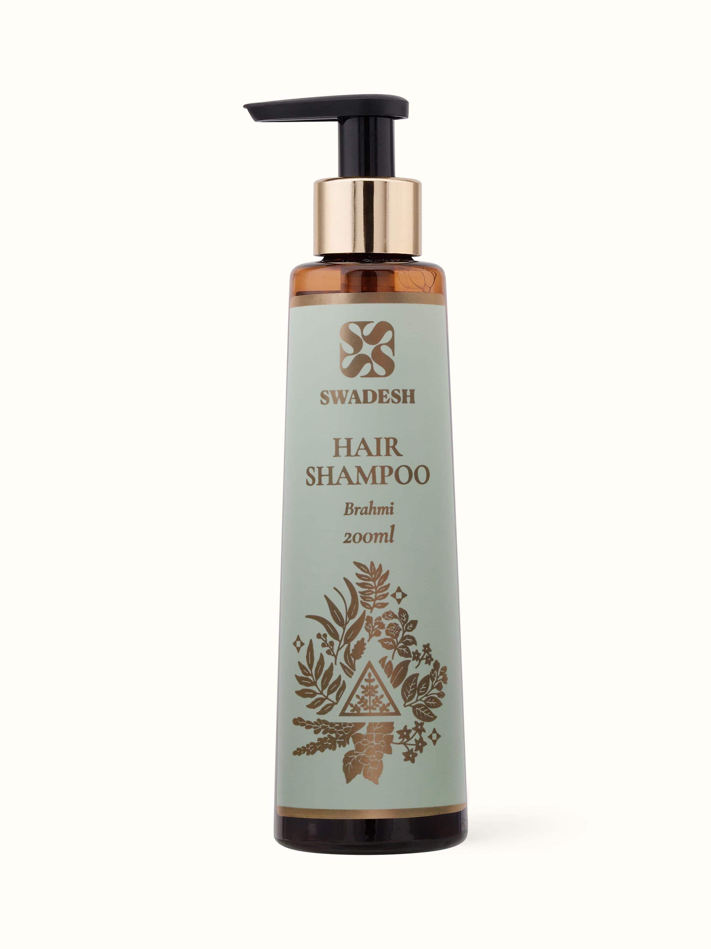 Front view of Hair Shampoo Brahmi featuring a sleek bottle design with traditional herbal imagery