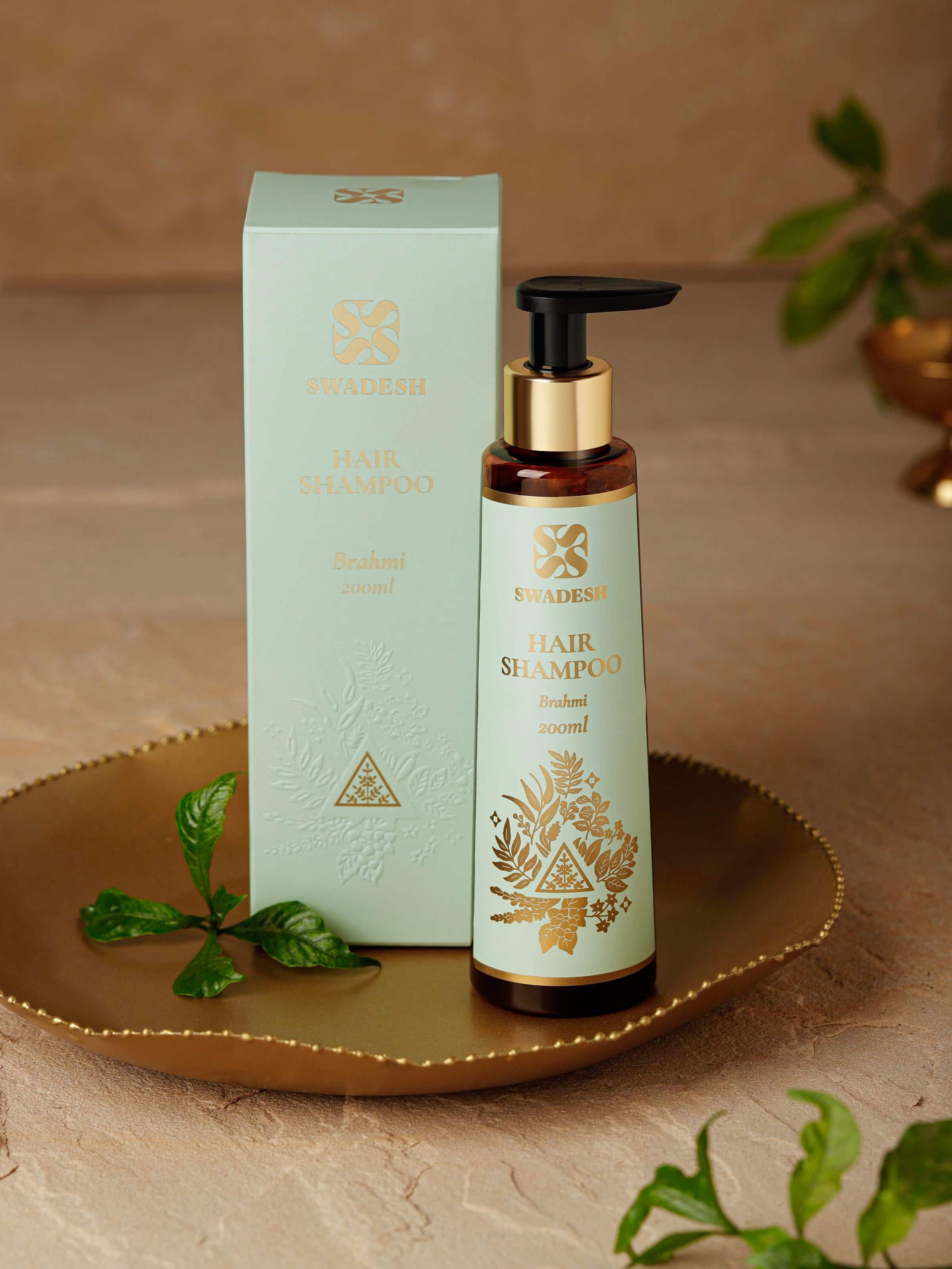 Side view of Hair Shampoo Brahmi highlighting the product label and its natural ingredients