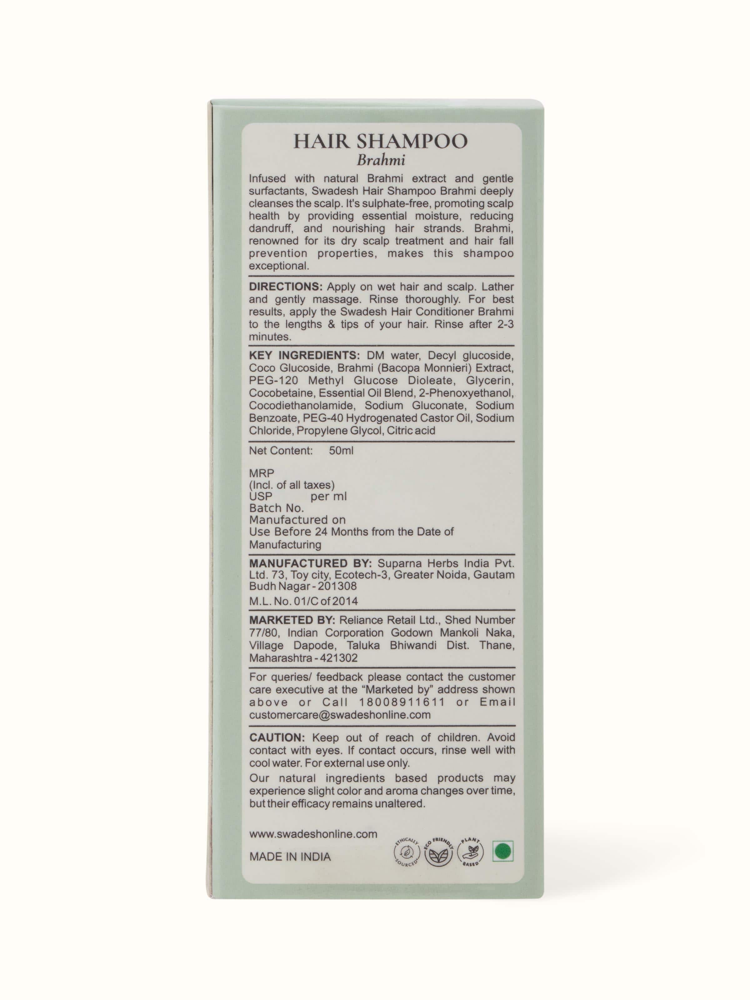 Side view of Swadesh Hair Shampoo with Brahmi, highlighting its natural ingredients and gentle formulation for healthy hair.