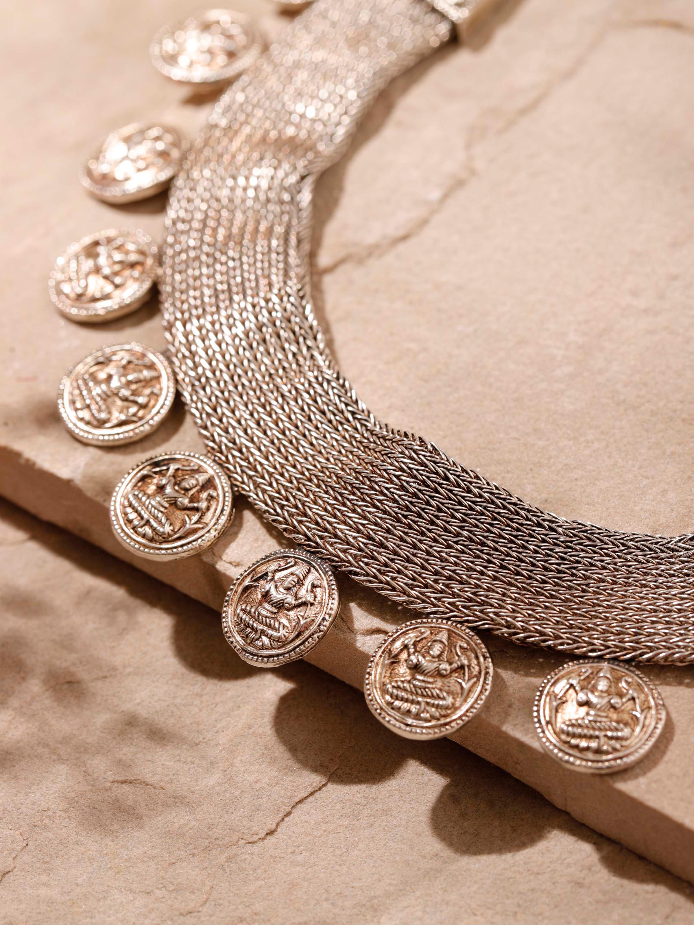 Overhead view of Silver collar necklace showcasing the overall design and polished appearance