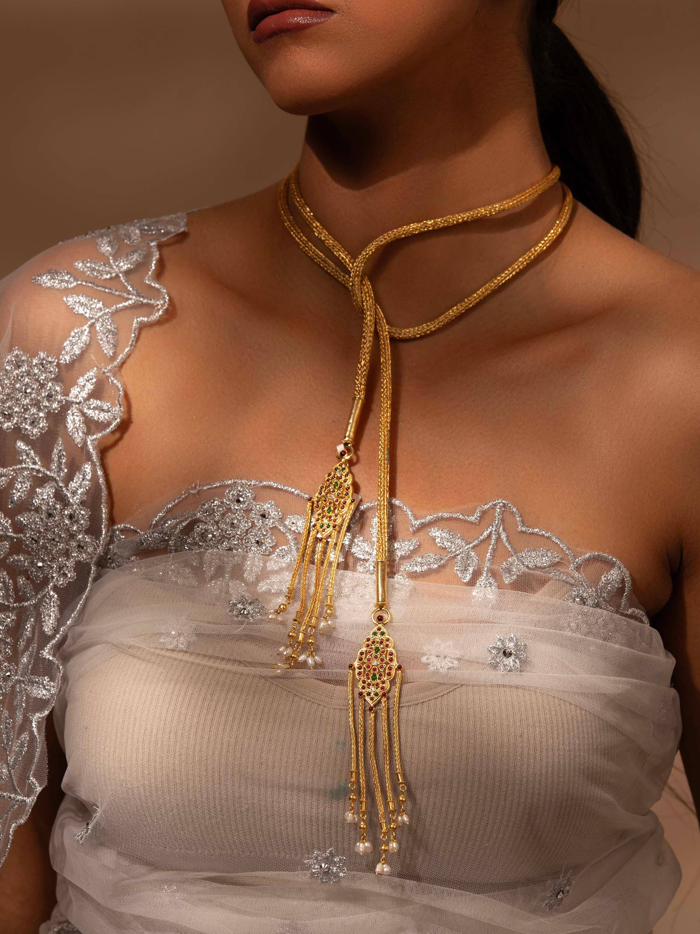Close-up of Silver long necklace focusing on the high-quality metal and craftsmanship.