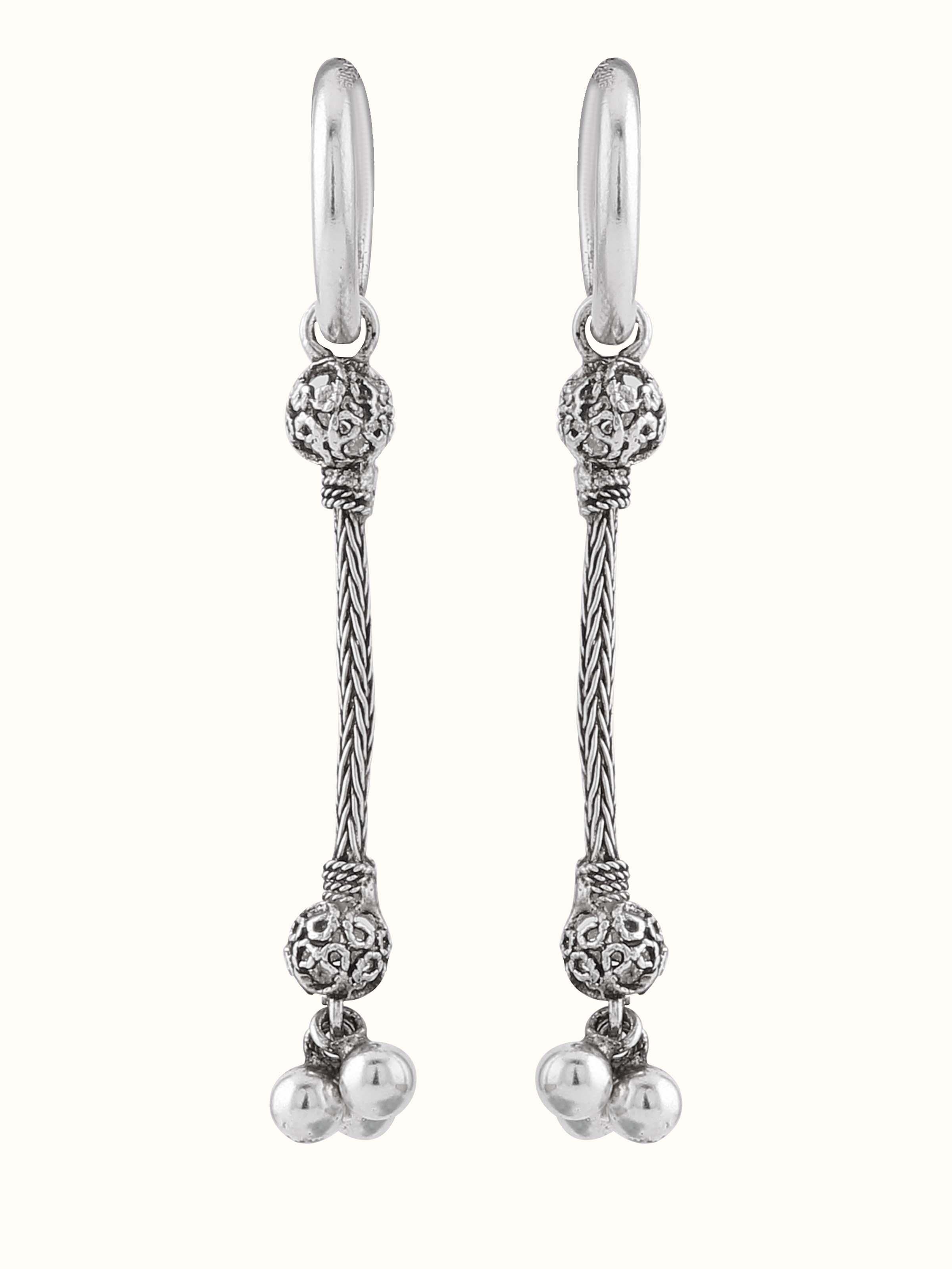 Front view of Silver Drop Earrings showcasing their elegant design and shiny silver finish