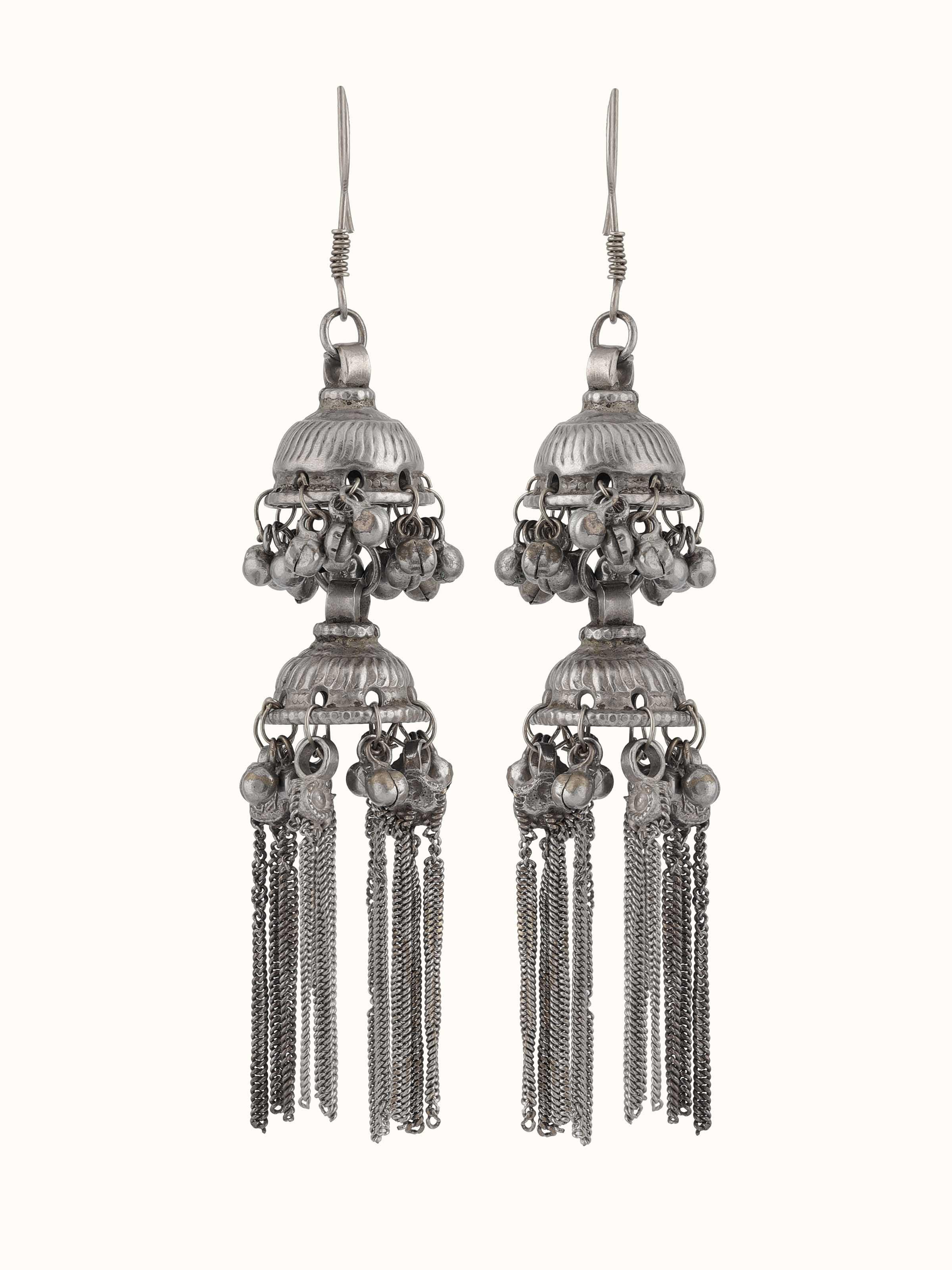 Front view of Tribal Silver Jhumkas featuring traditional tribal design and intricate metalwork.