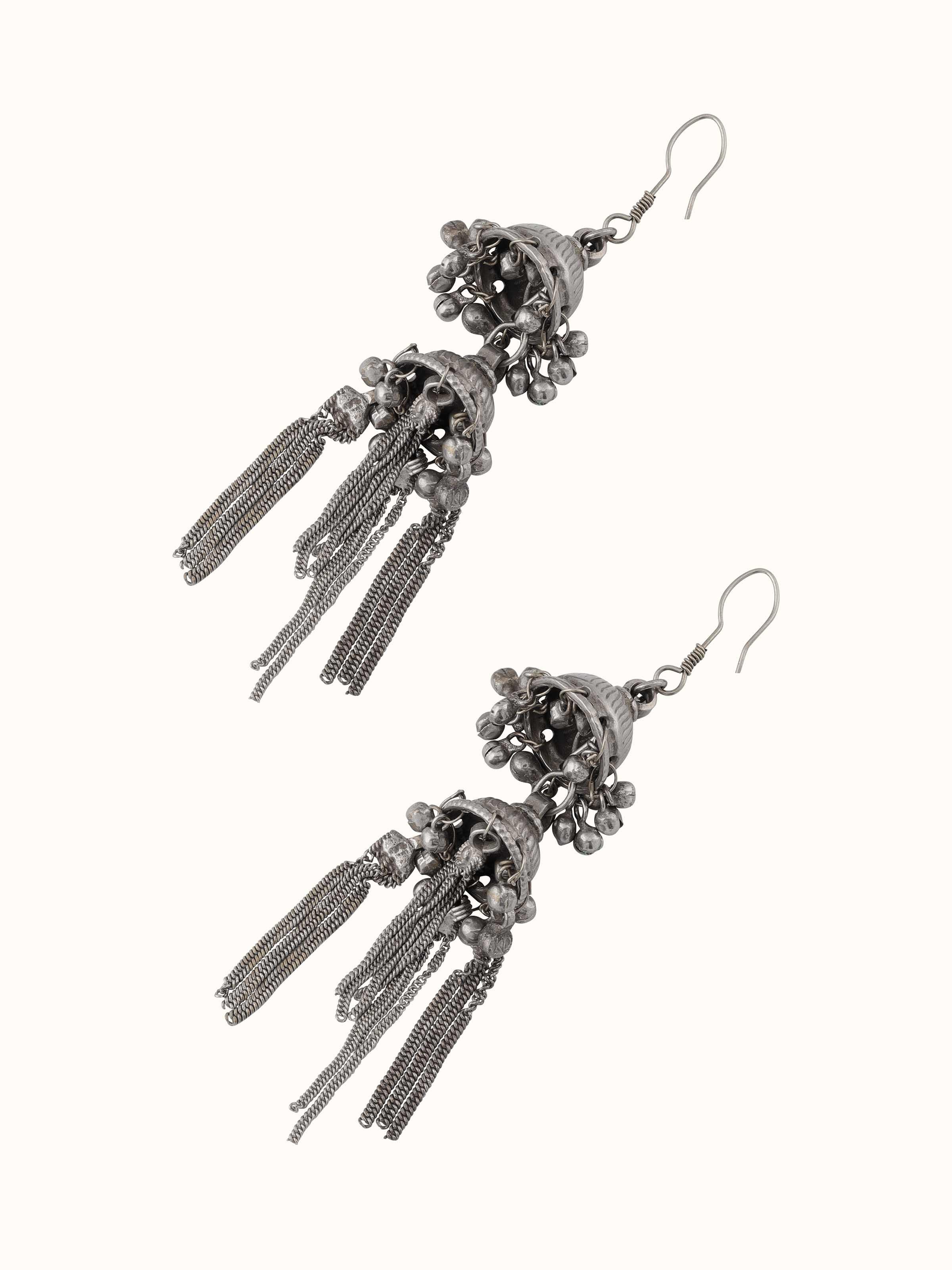 Detailed view of Tribal Silver Jhumkas focusing on traditional craftsmanship and design elements.