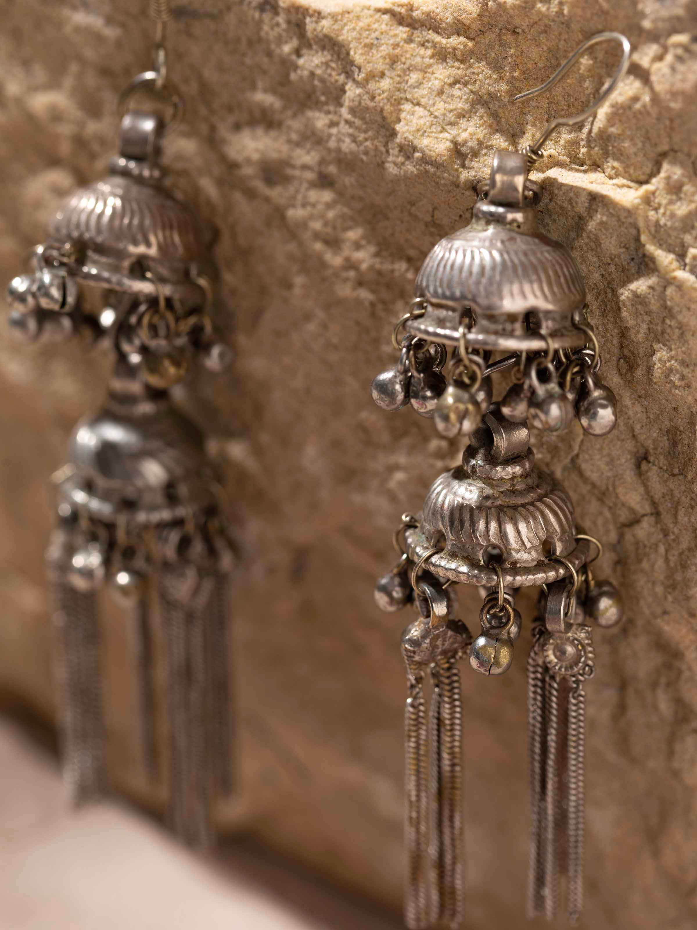 Back view of Tribal Silver Jhumkas showing the secure setting and overall design.