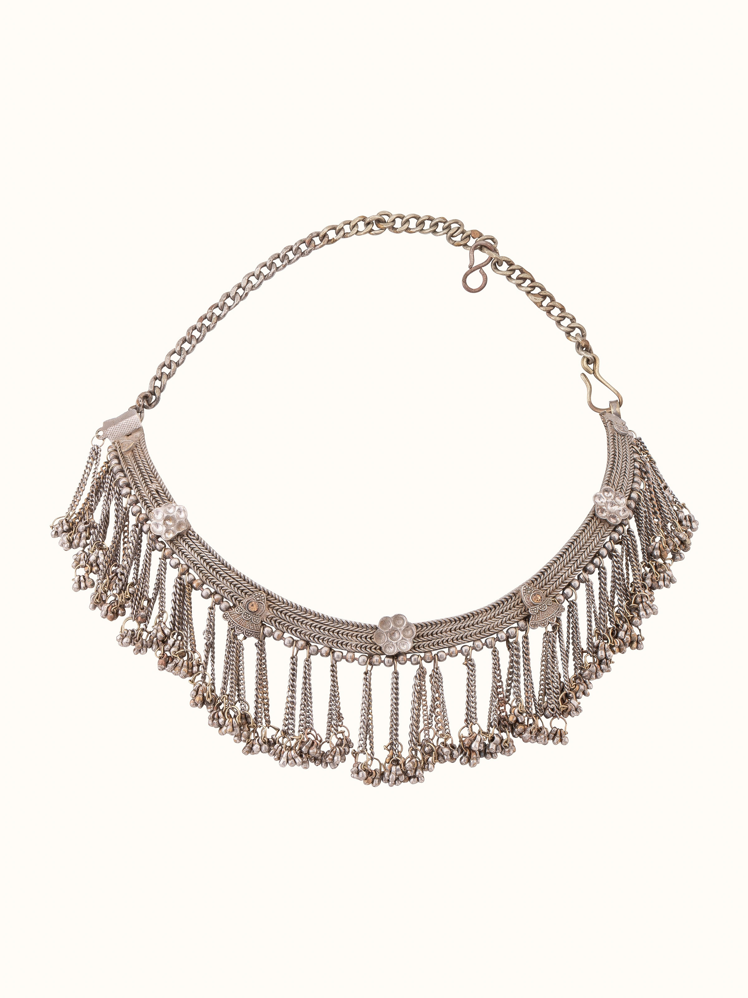 Front view of Tribal Silver collar necklace featuring traditional design and detailed craftsmanship