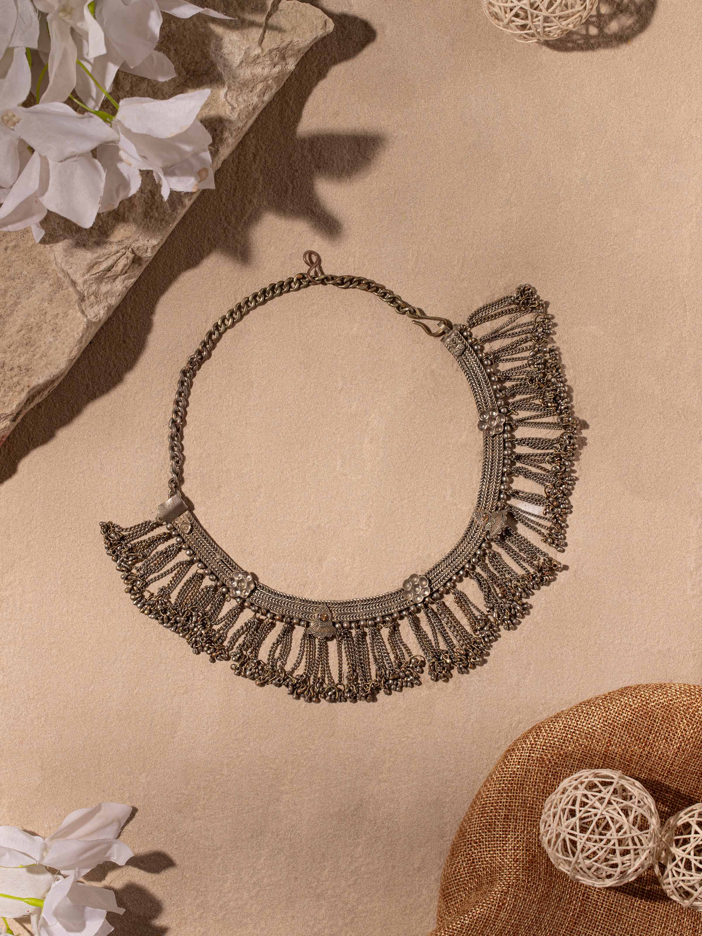 Close-up view of Tribal Silver collar necklace emphasizing intricate designs and artistic detail