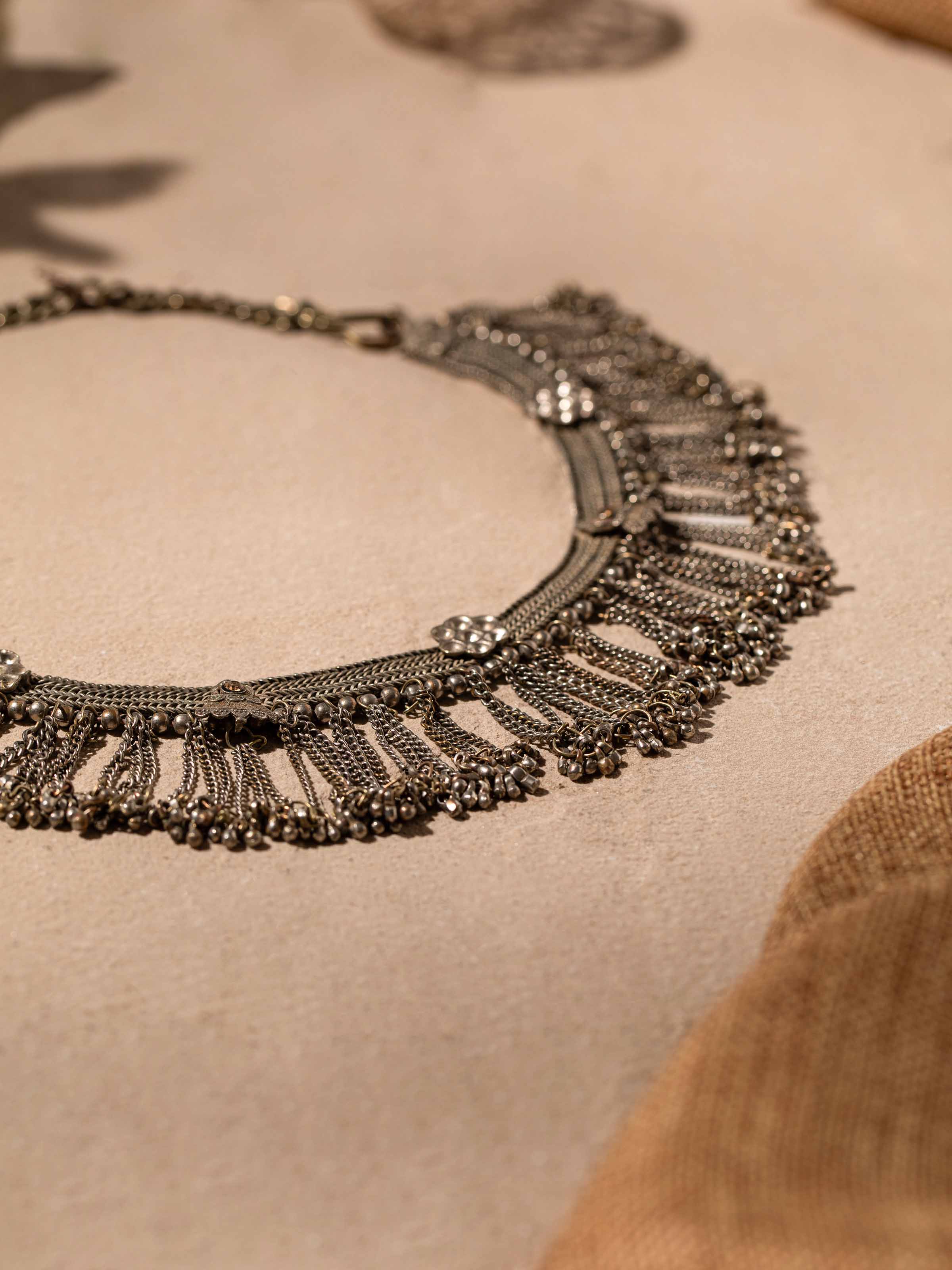 Detailed view of Tribal Silver collar necklace highlighting traditional artistry and detailed design