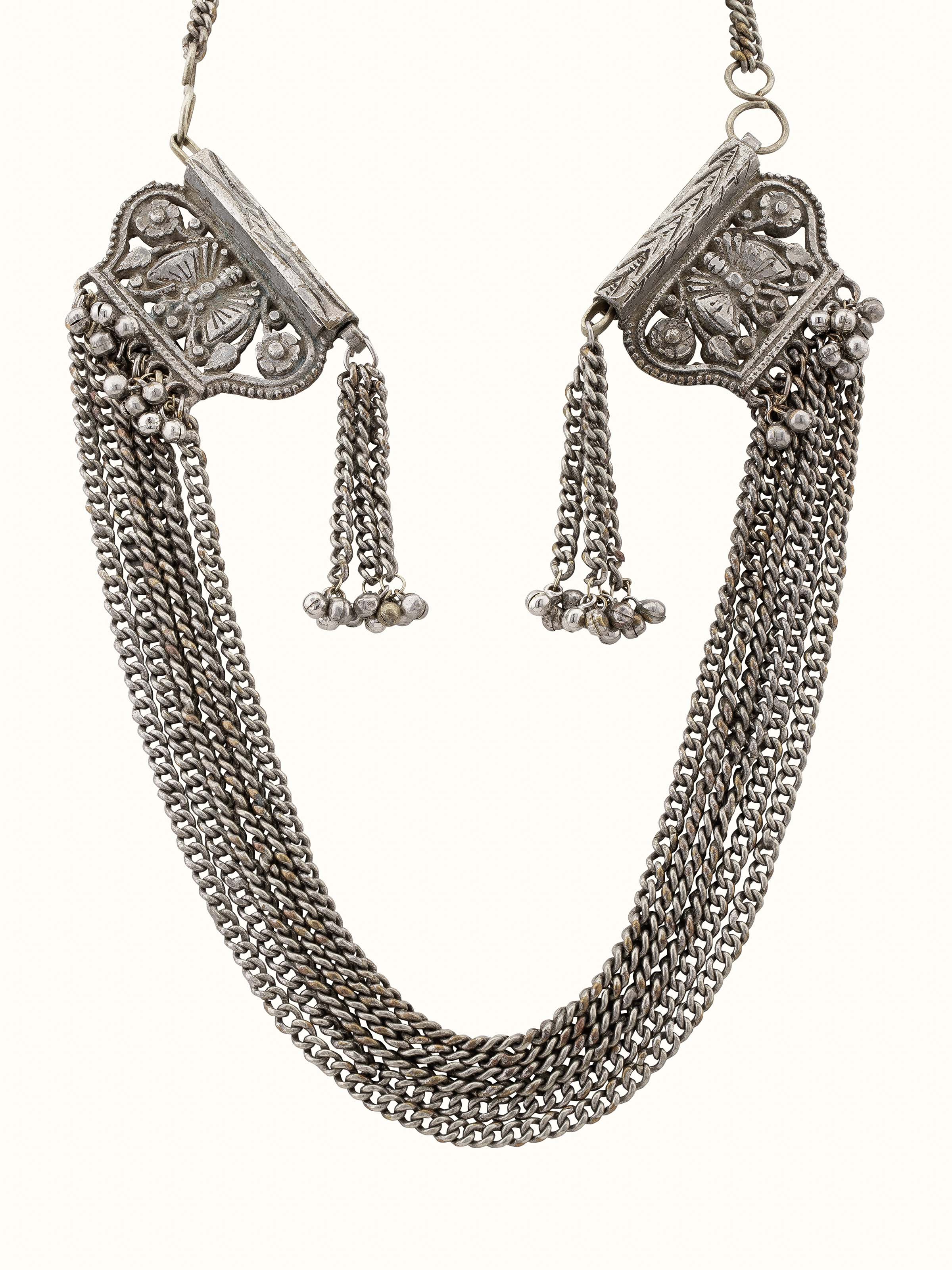 Front view of Tribal Silver Long Necklace showcasing its traditional design and intricate silverwork.