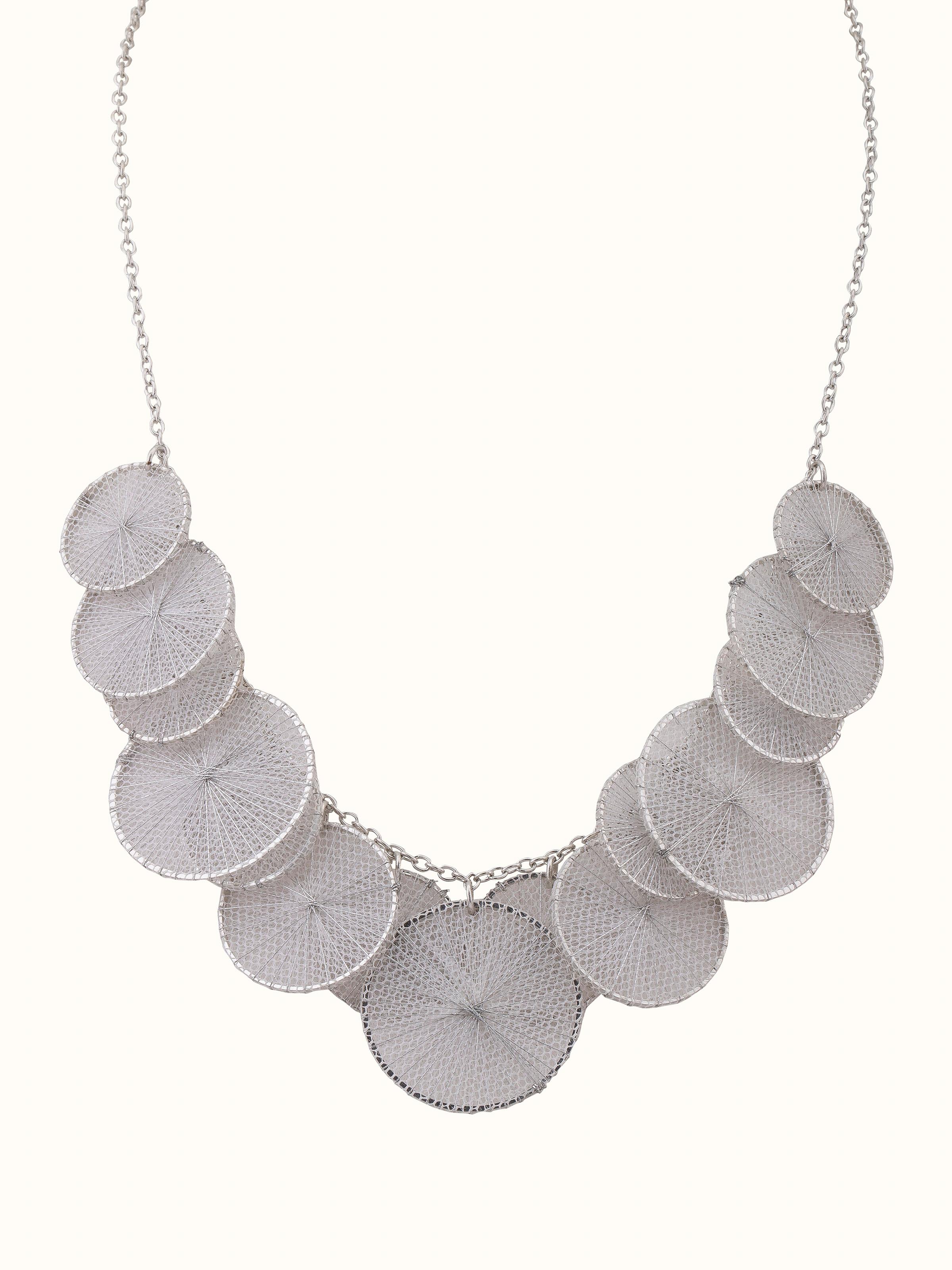 Front view of String Craft Long Necklace featuring elegant string detailing and modern design.