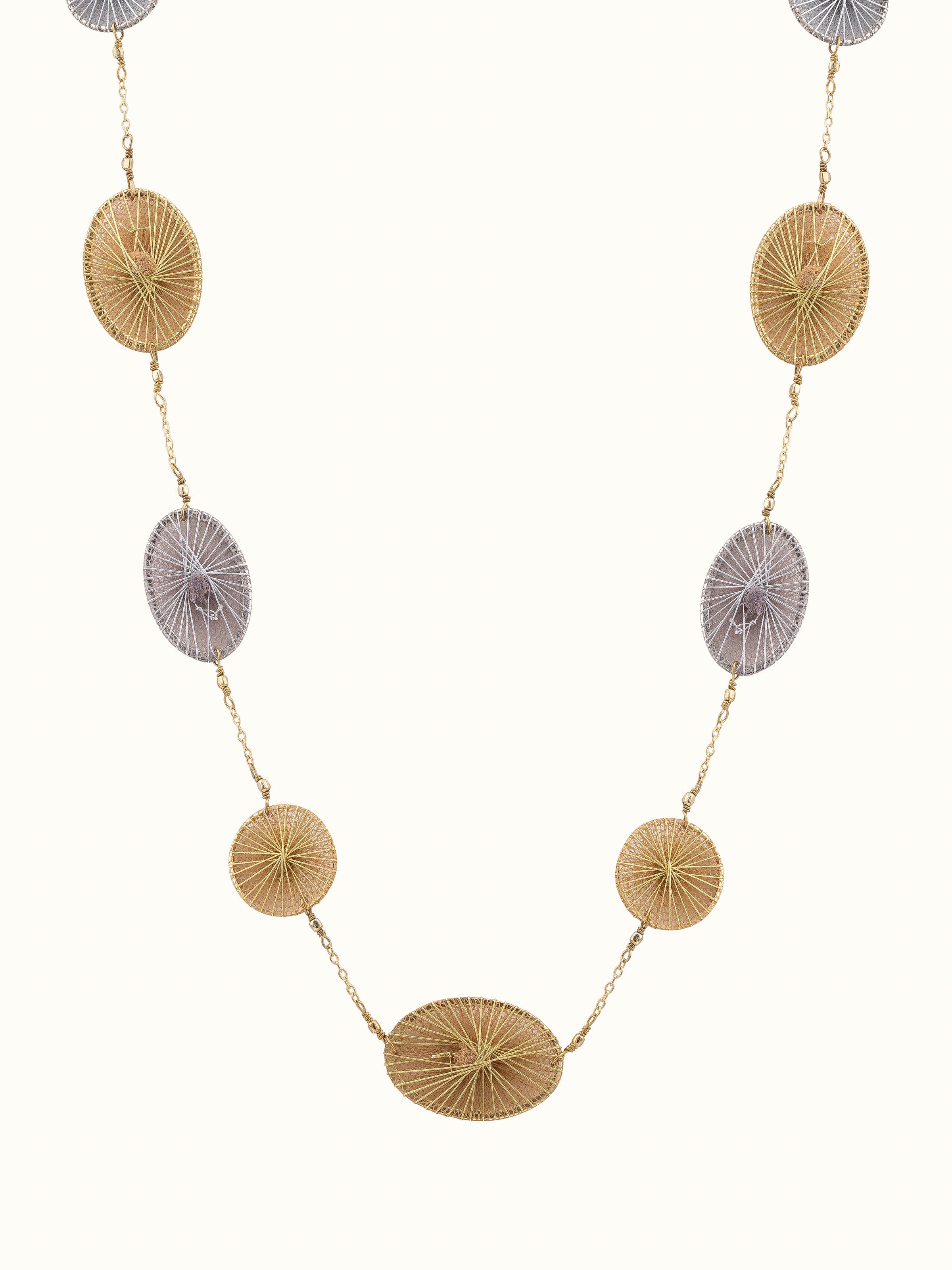 Front view of String Craft Long Necklace displaying intricate string work and vibrant design