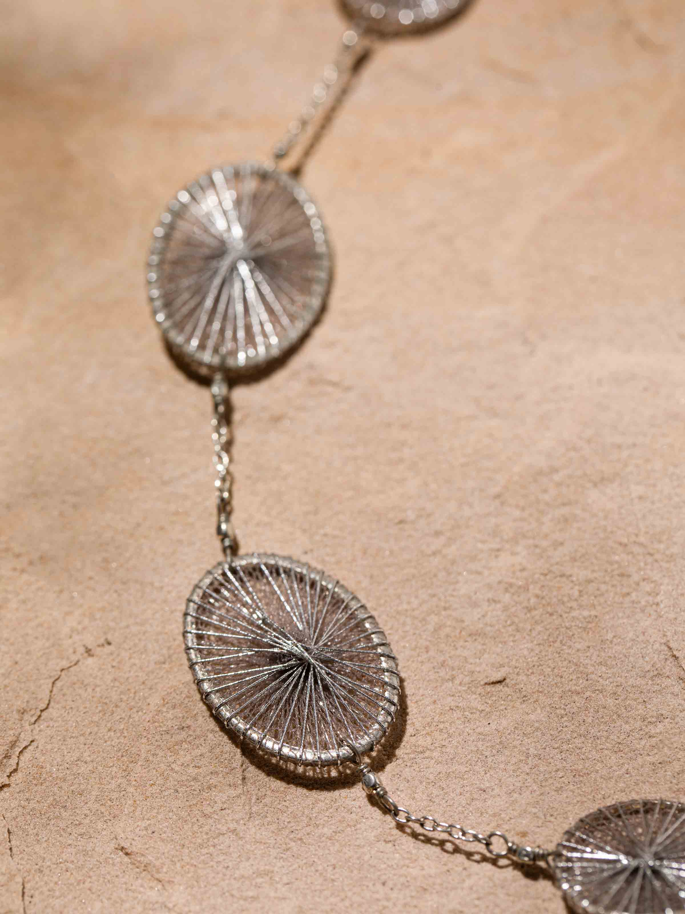 Detailed view of String Craft Long Necklace showcasing the vibrant string arrangement and detailed design.