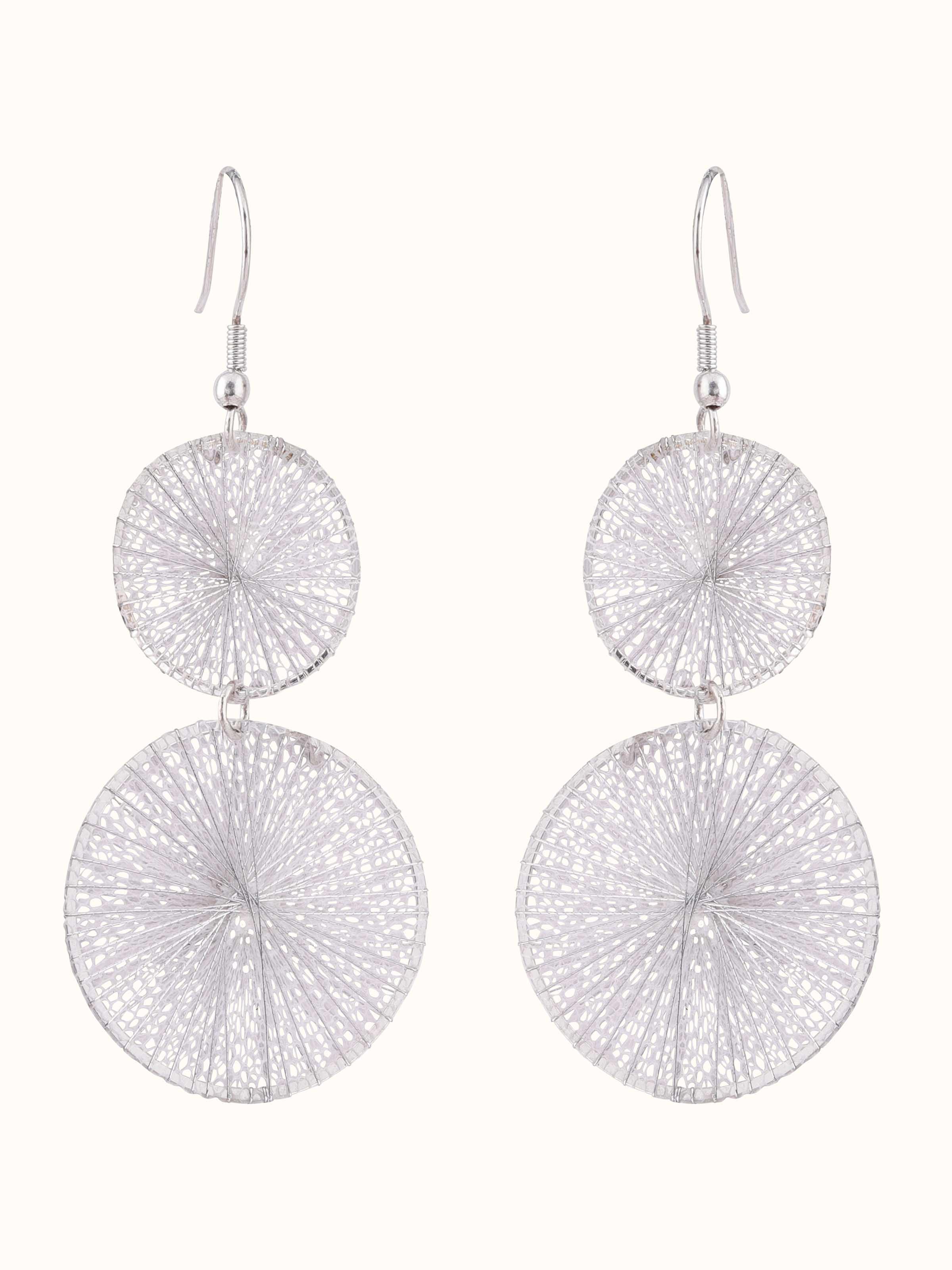 Front view of String Craft Drop Earrings featuring detailed string design and modern aesthetics.