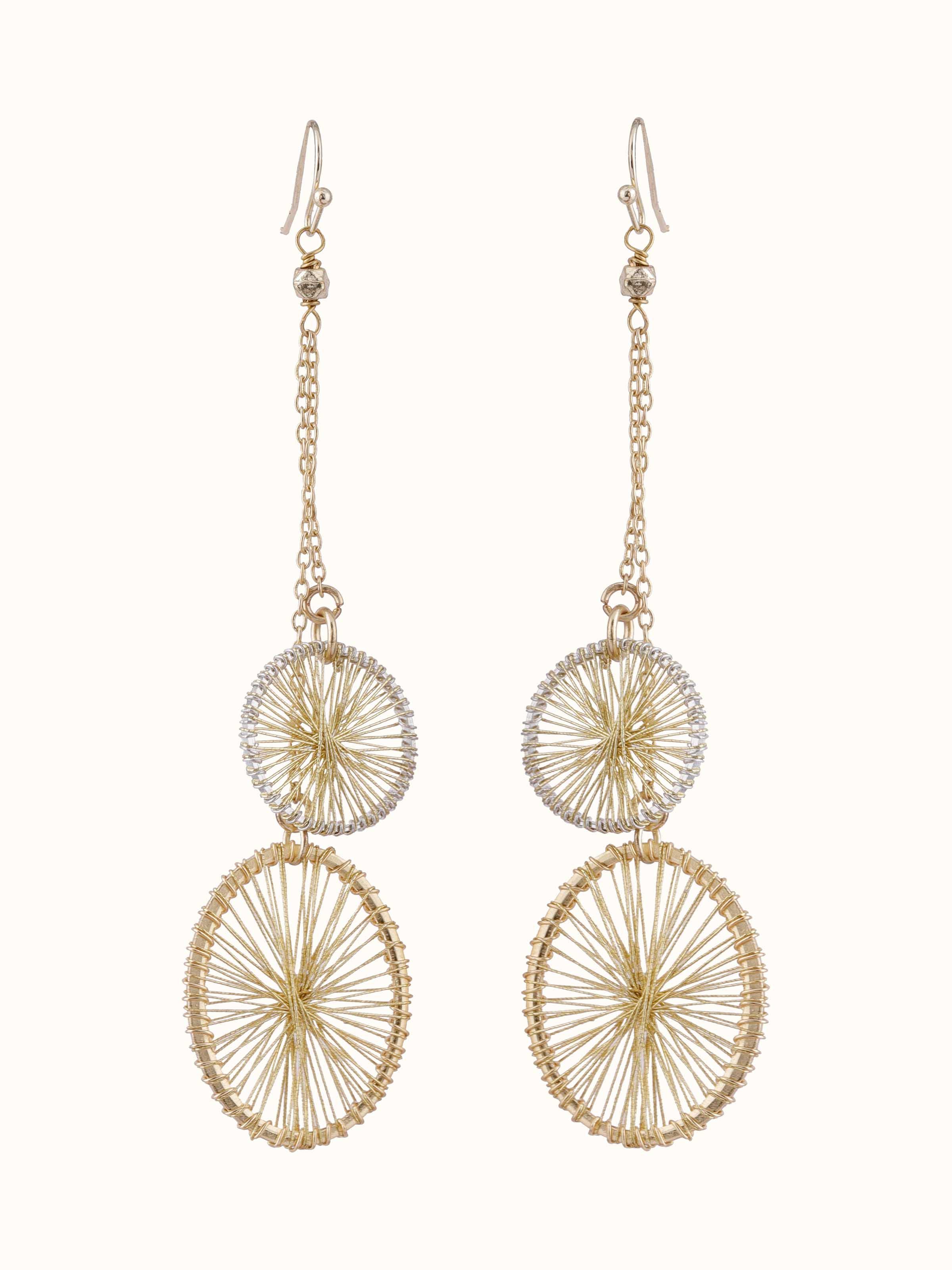 Front view of String Craft Drop Earrings featuring intricate string detailing and modern design.